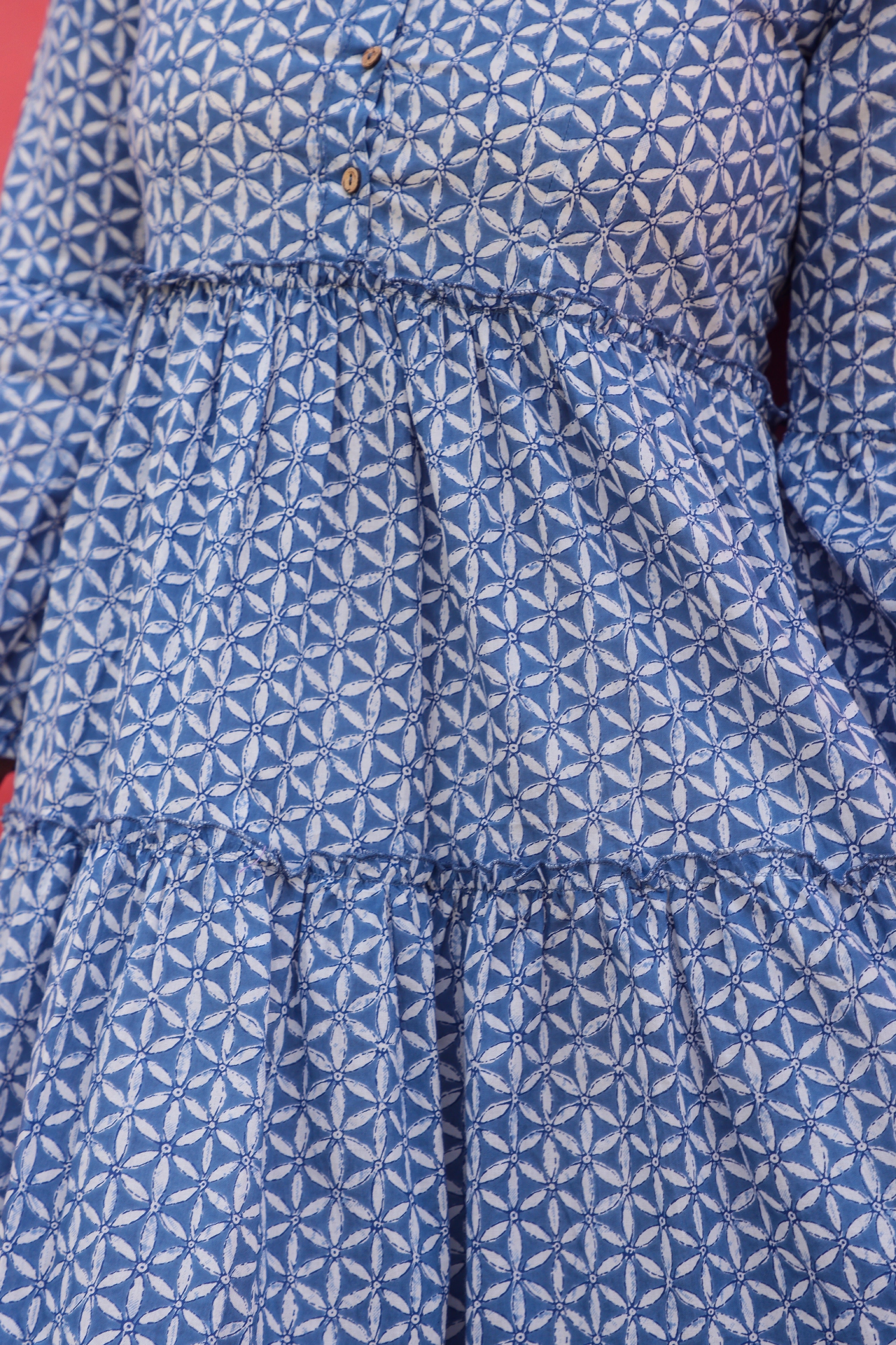 Blue Cotton Block Print Maxi Dress 