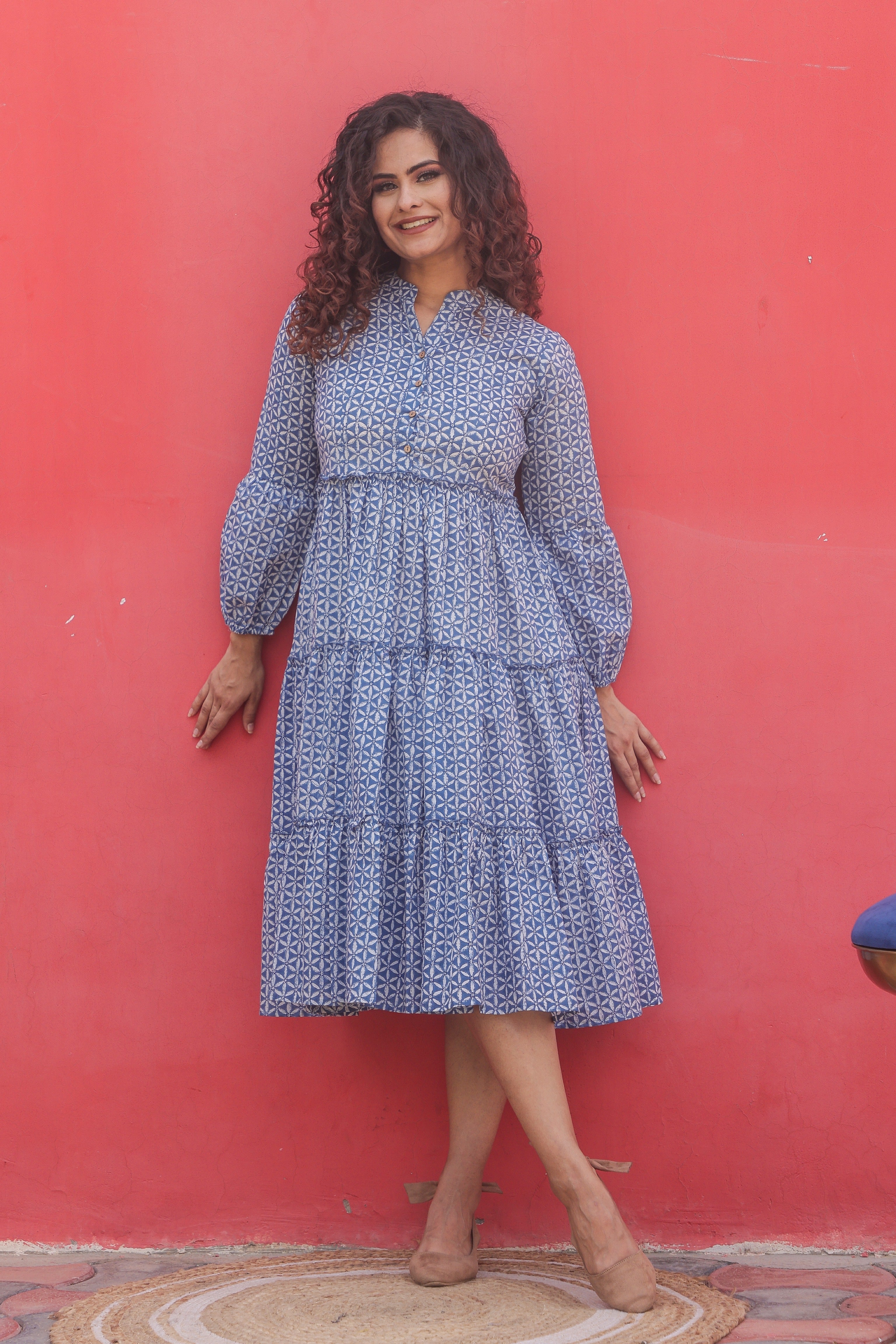 Blue Cotton Block Print Maxi Dress 