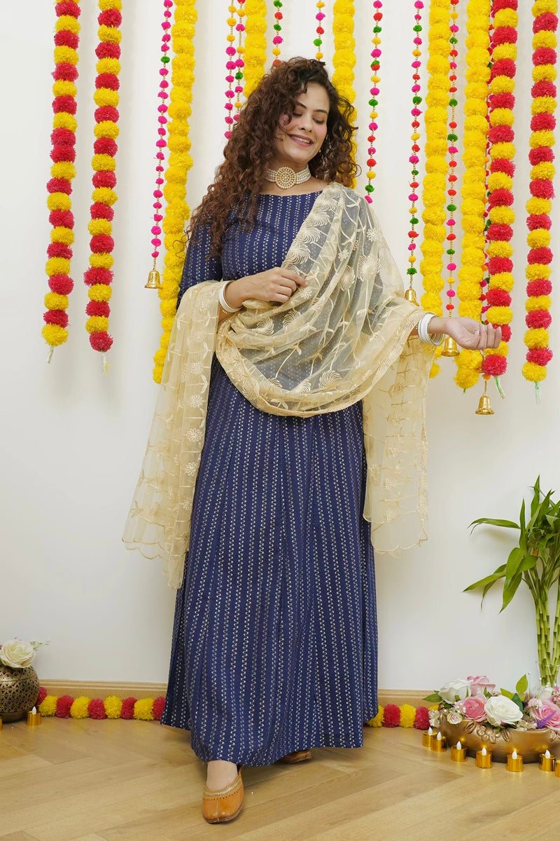 Blue Skirt And Top With Embroidered Dupatta
