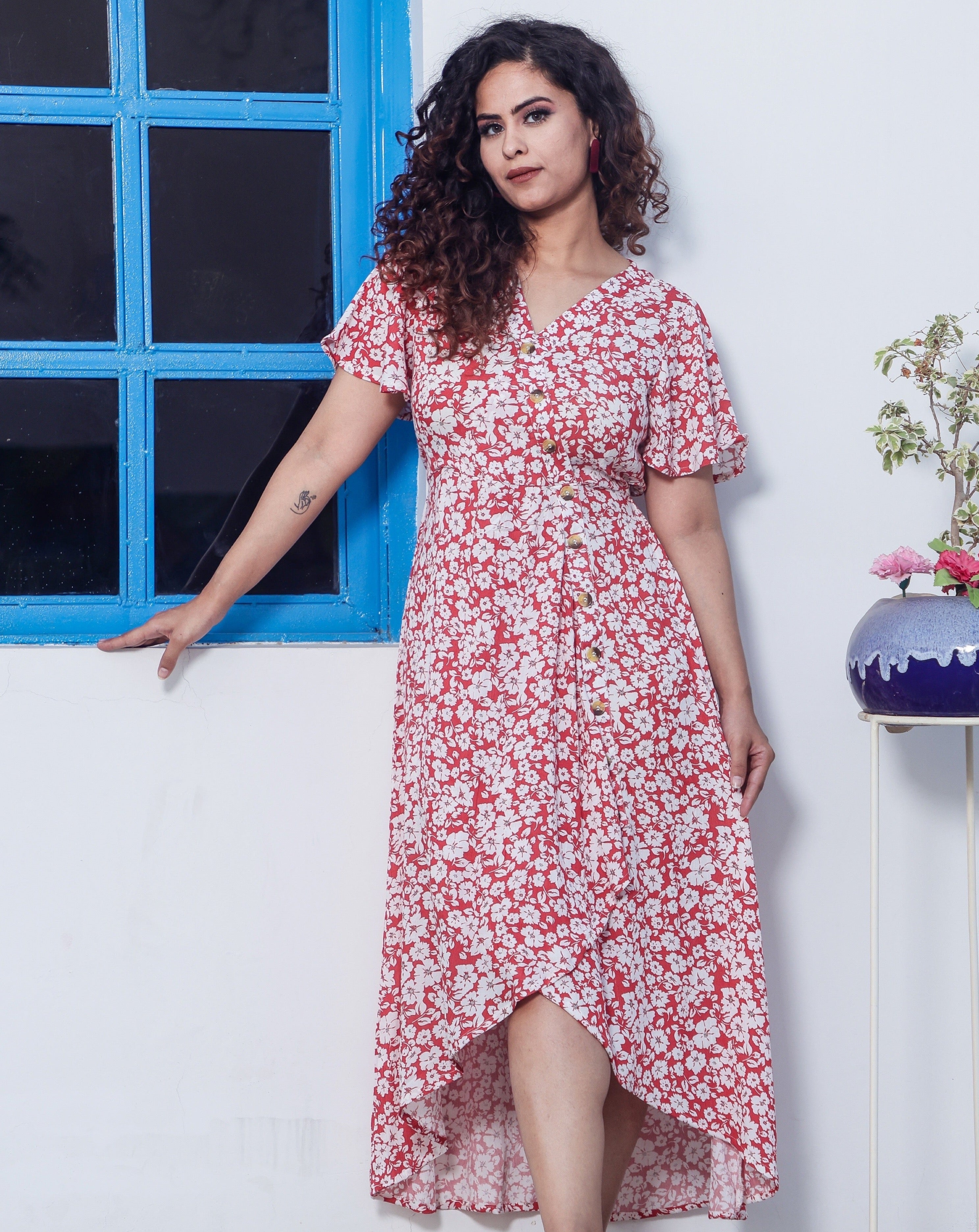 Red Floral Midi Dress Media 