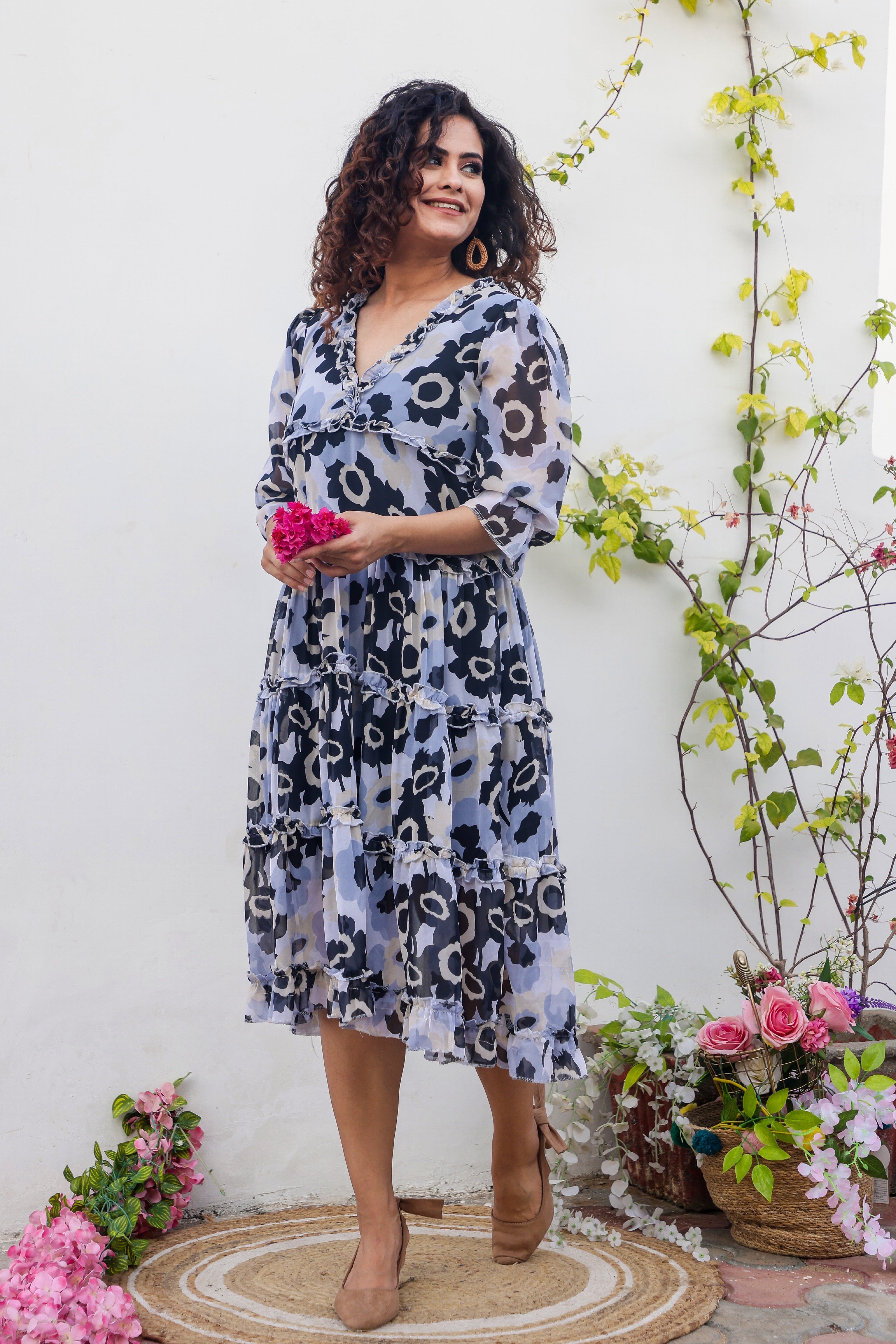 Grey Floral Print Maxi Dress