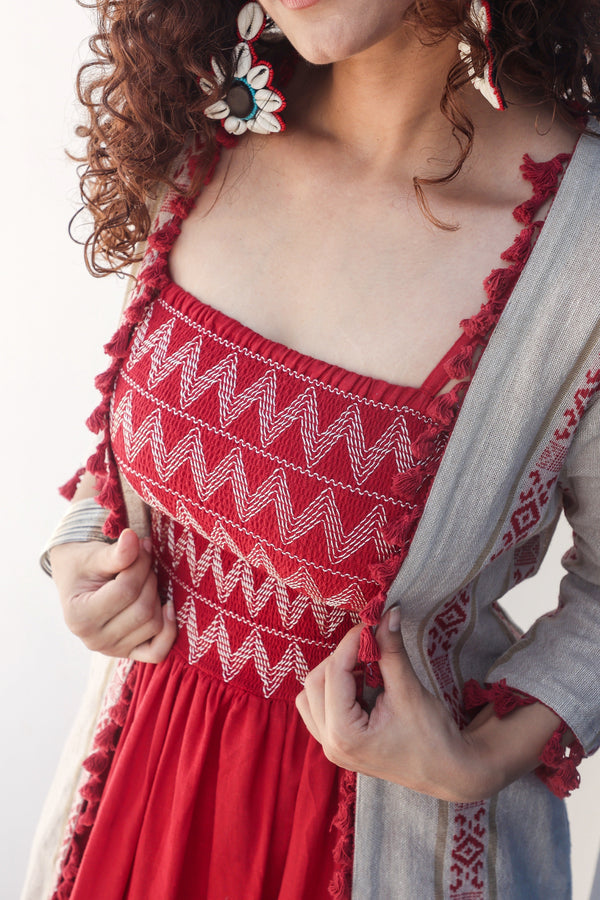 Red And Beige Jacket Maxi Dress