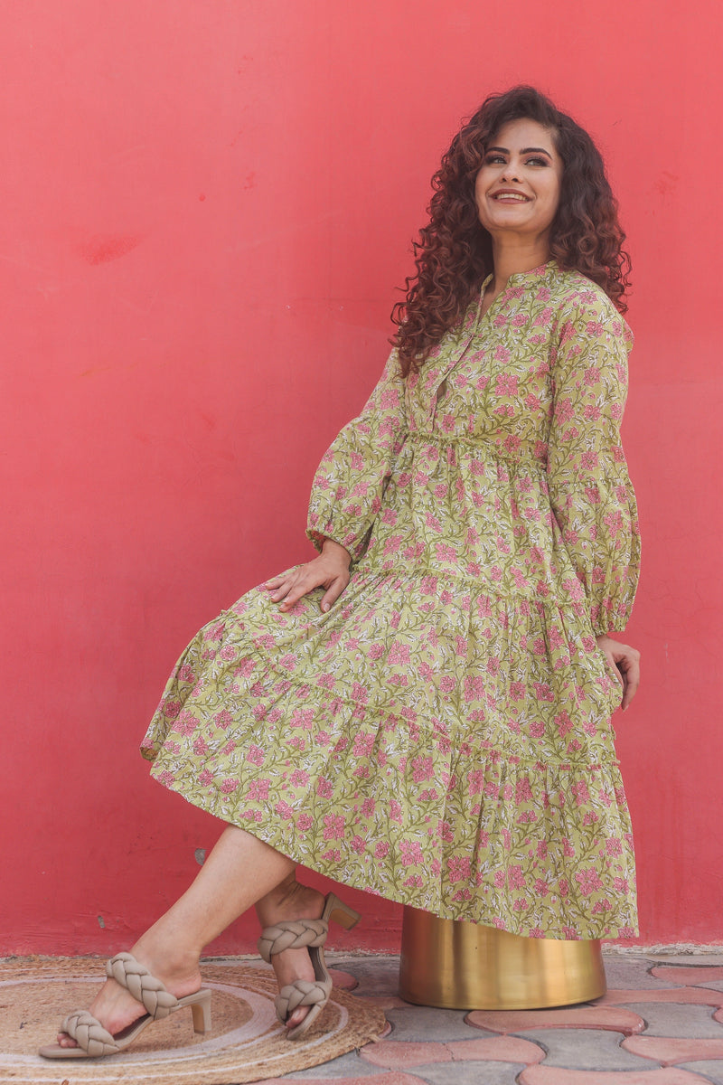 Lime Green Block Print Cotton Maxi Dress