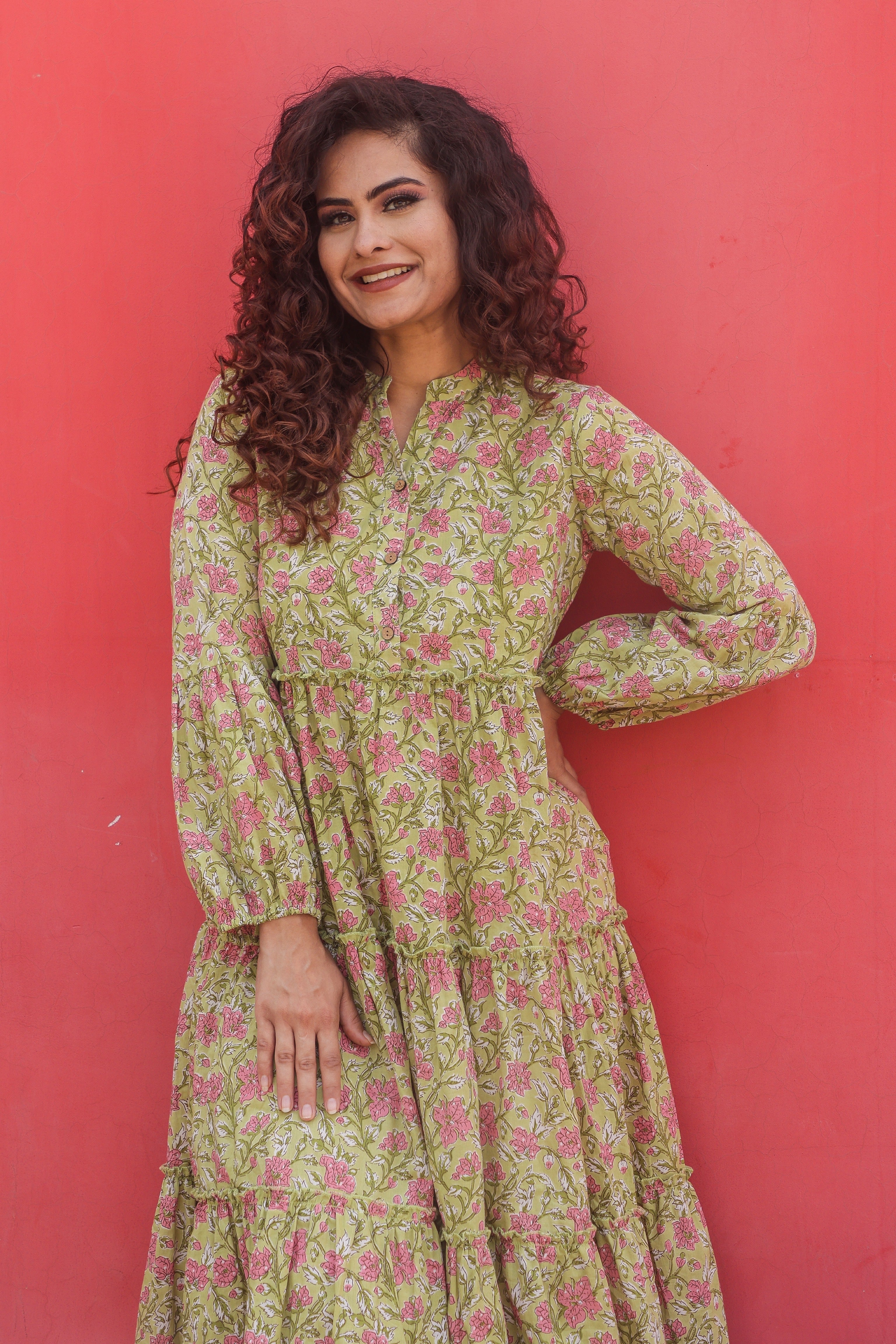 Lime Green Block Print Cotton Maxi Dress