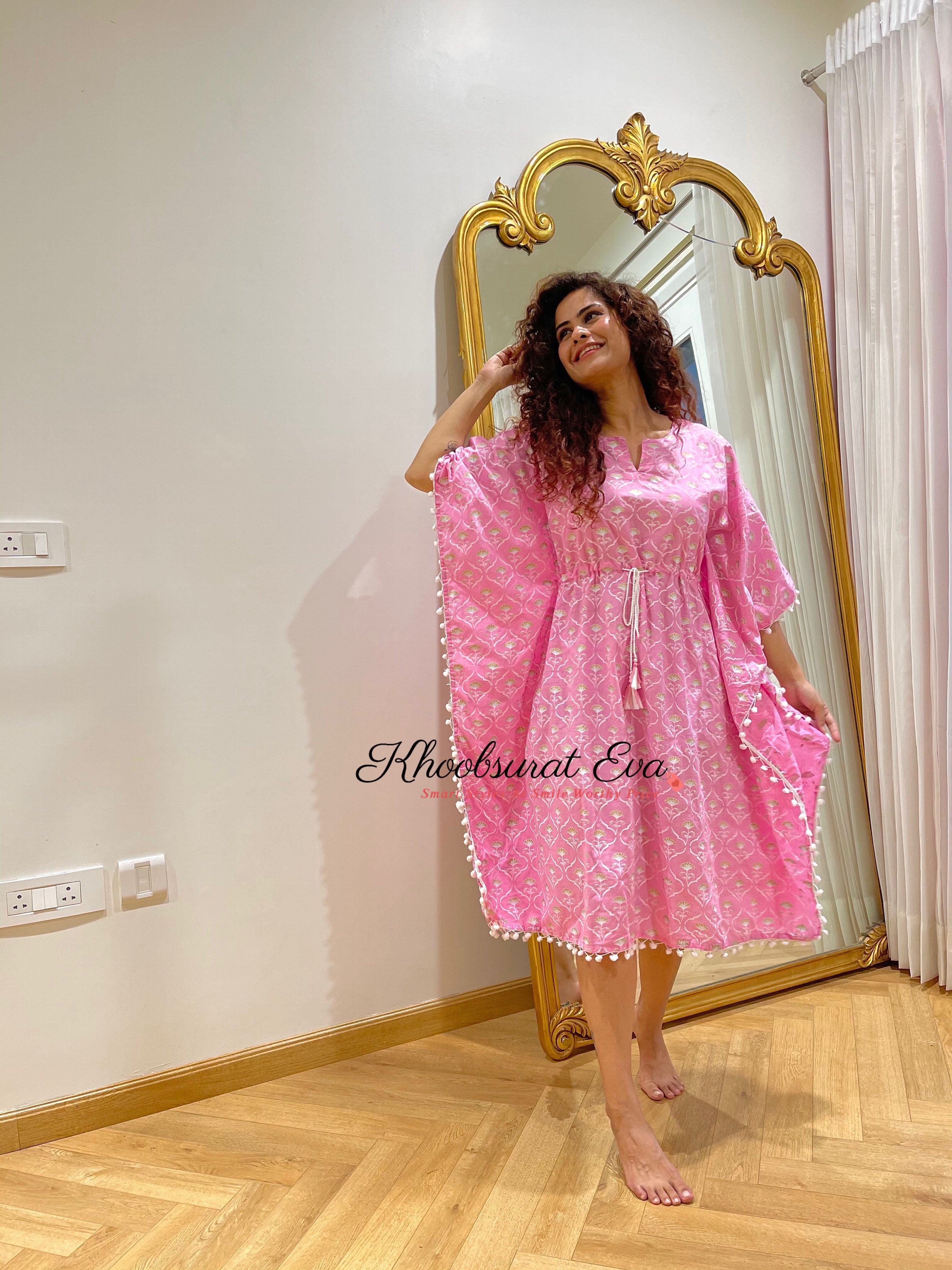 Pink And White Printed Kaftan