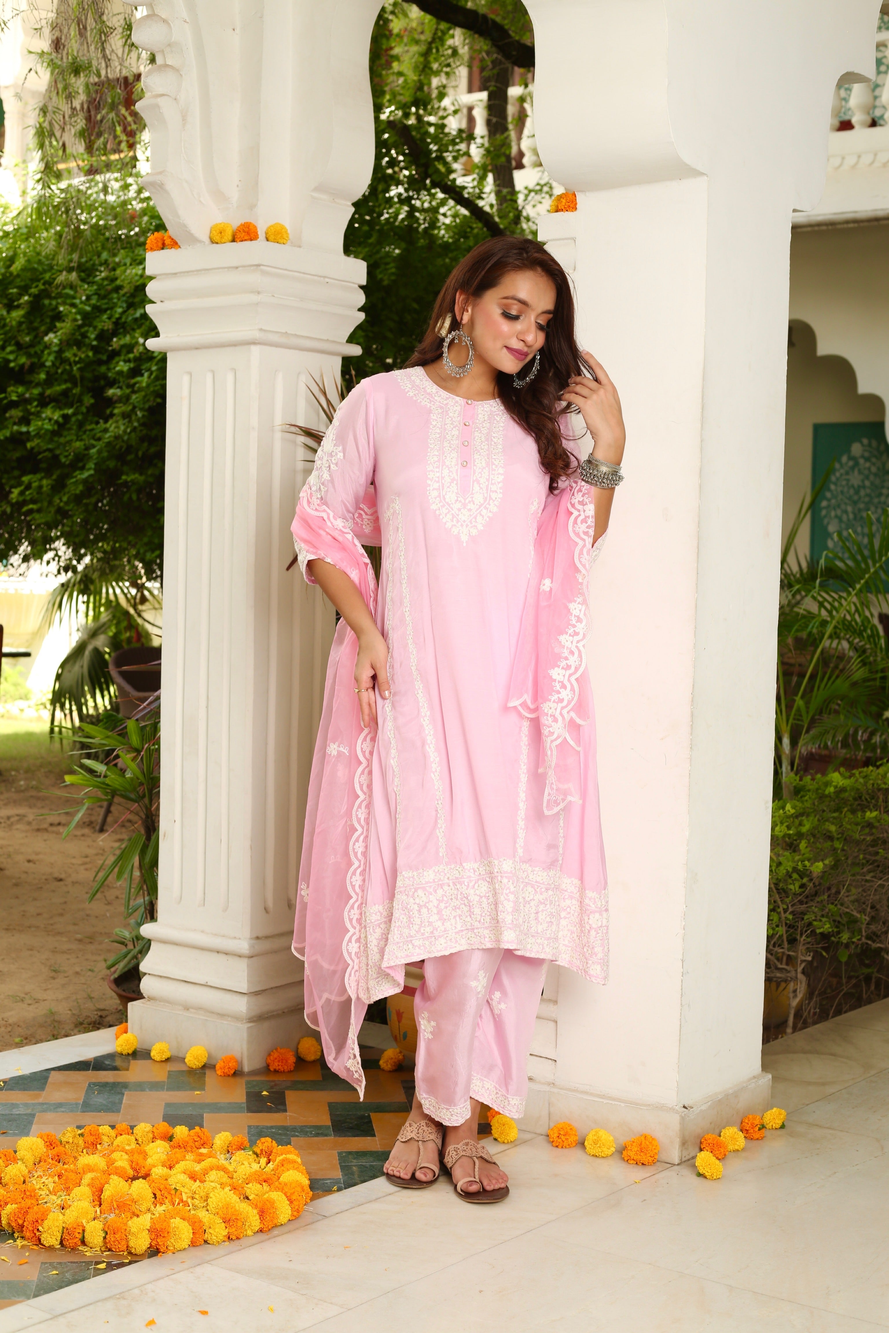 Statement Motif On Pink Dupatta Suit Set