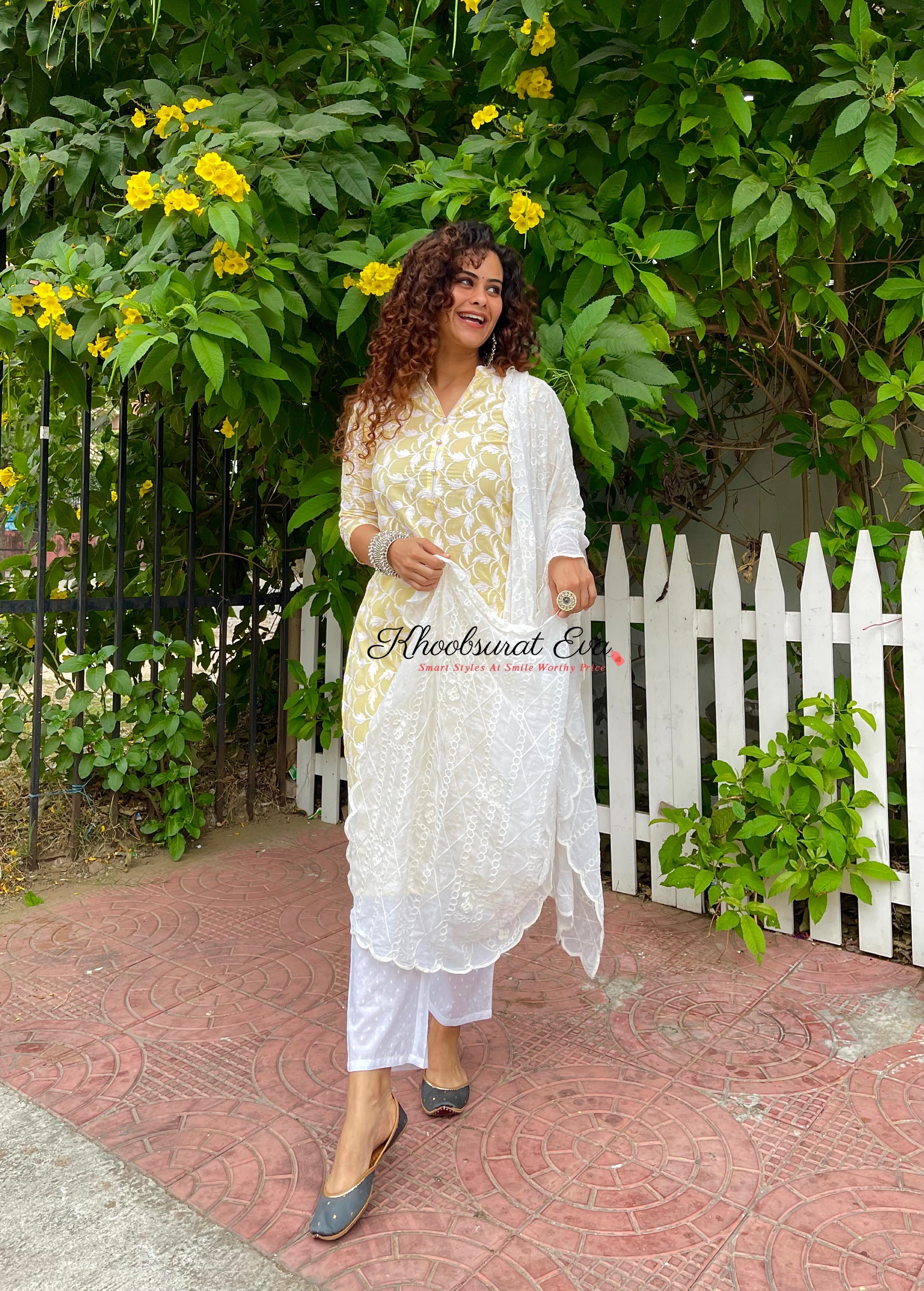 Yellow And White Embroidered Kurta Suit Set