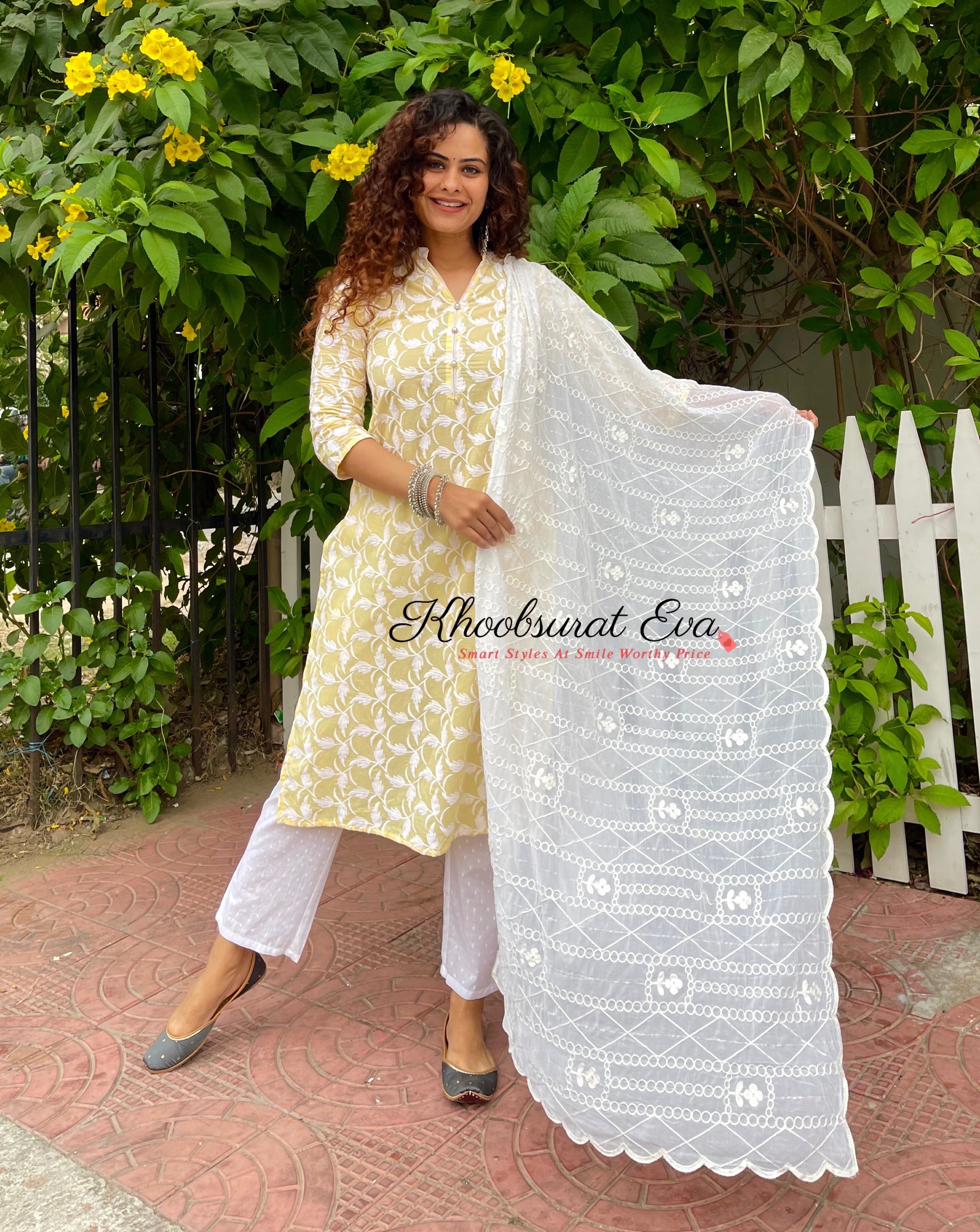 Yellow And White Embroidered Kurta Suit Set