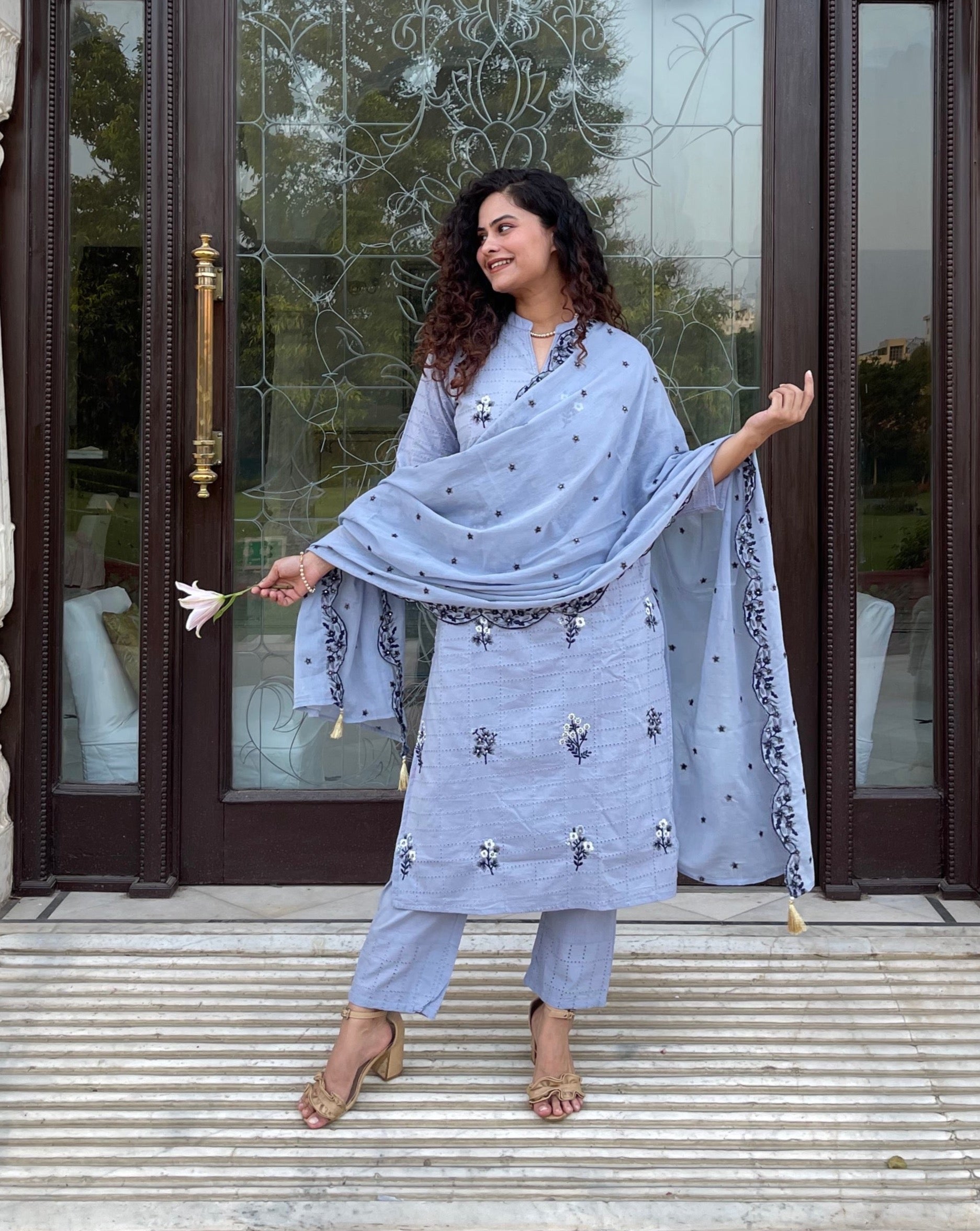 Grey Chikankari Cotton Suit Set