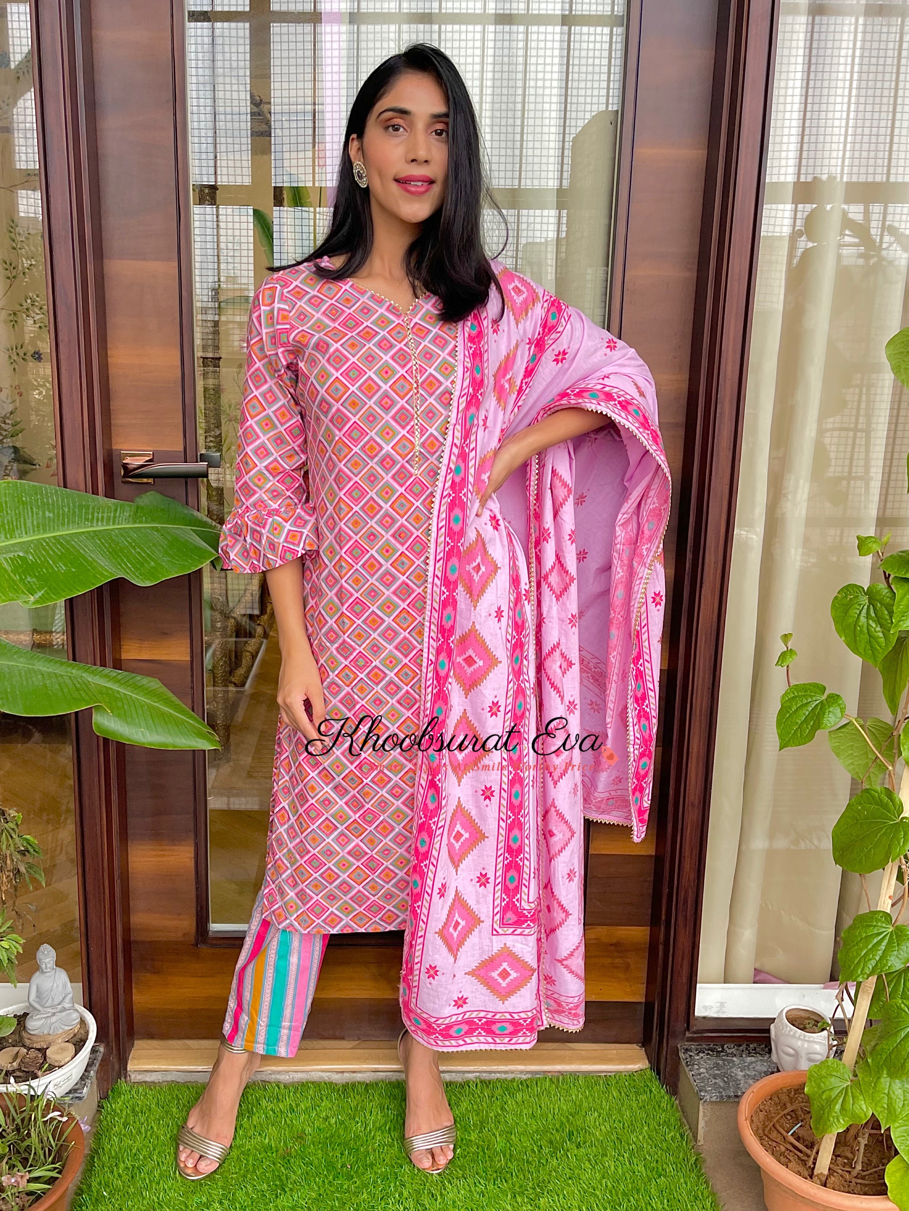 Pink Gota Cotton Printed Kurta Suit (Set Of 3)