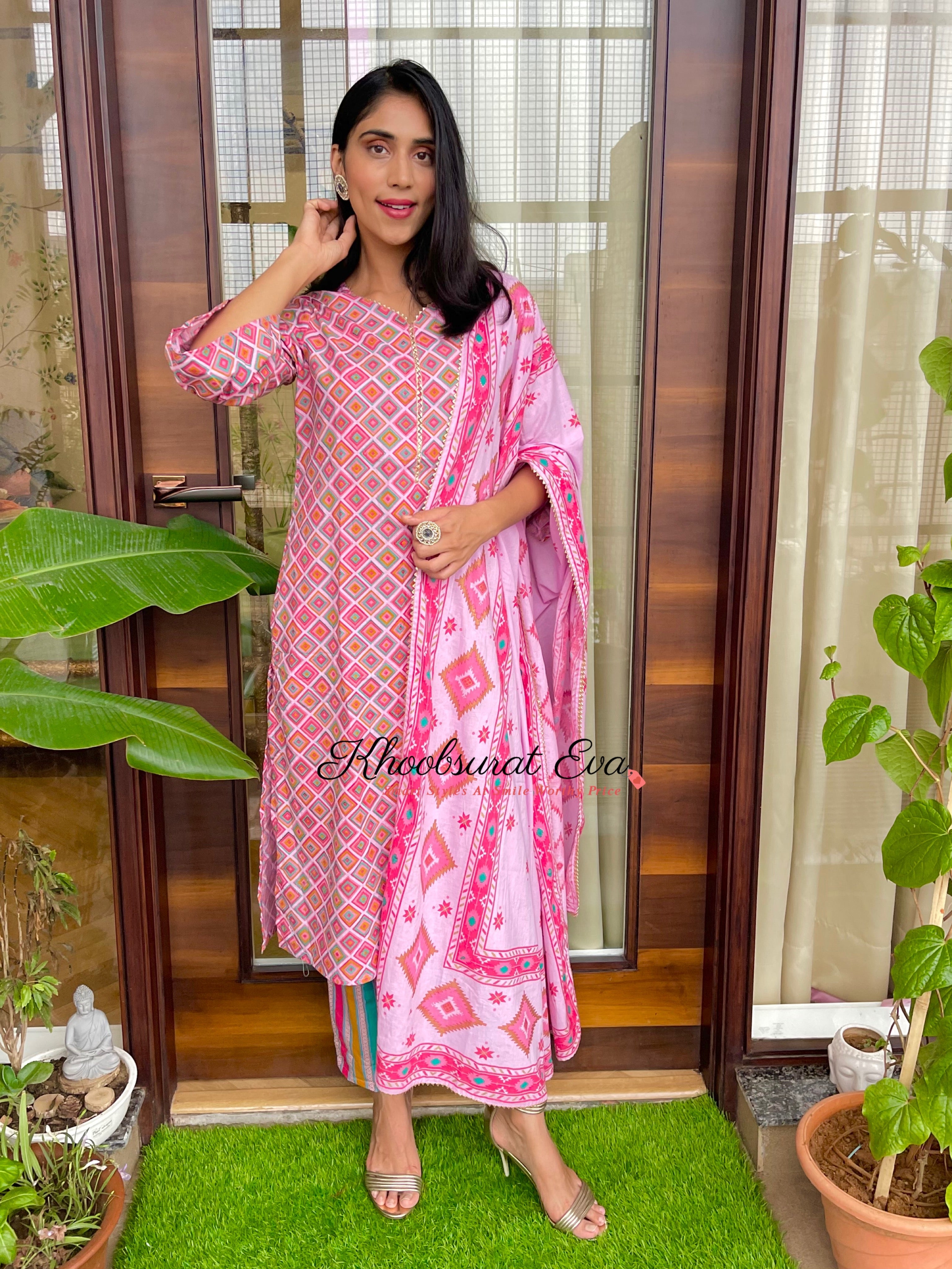 Pink Gota Cotton Printed Kurta Suit (Set Of 3)