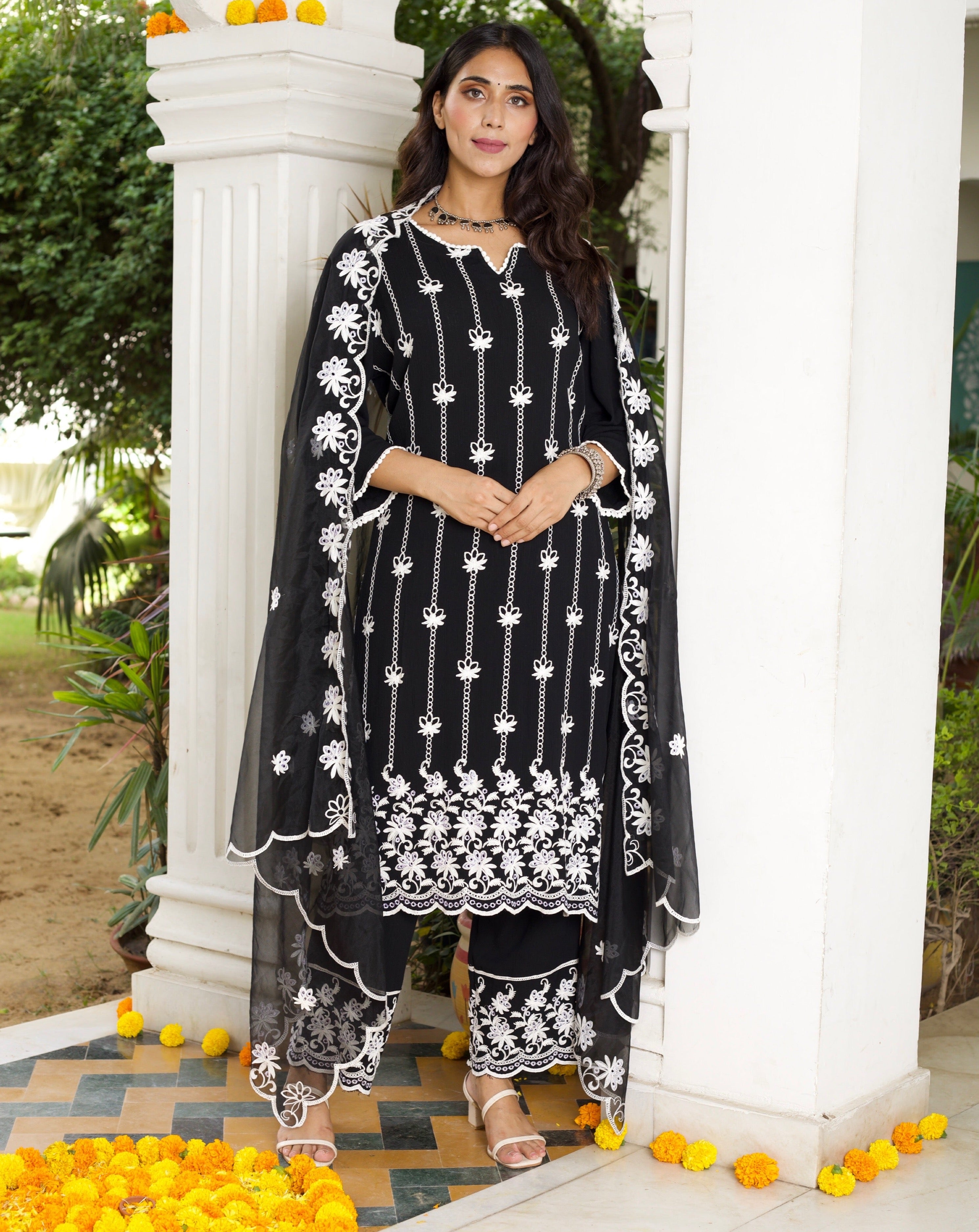 Royal Motifs On Black Festive Dupatta Set