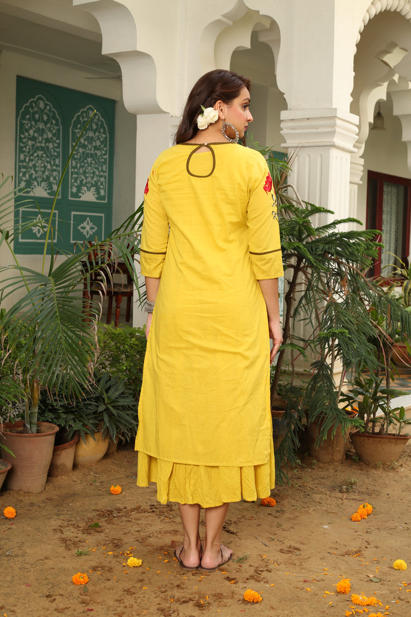 Bouquet Motif On Yellow Maxi Long Dress