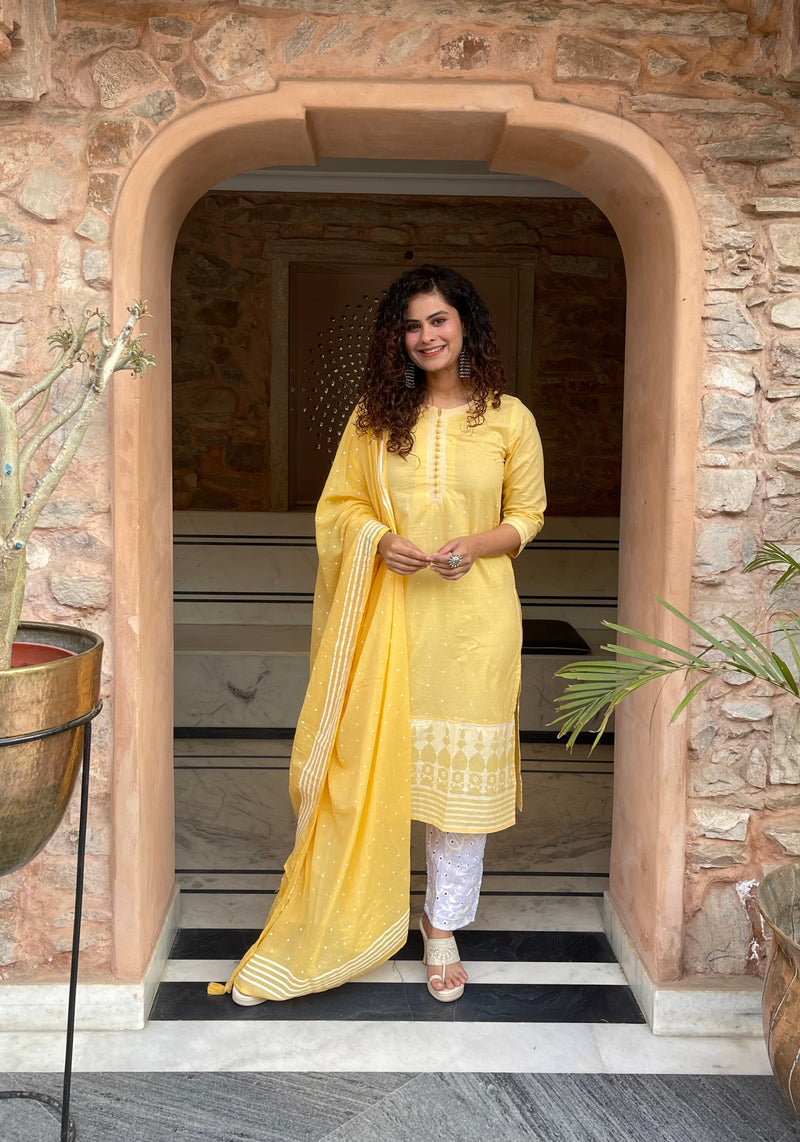 Yellow Embroidered  Dupatta Suit Set