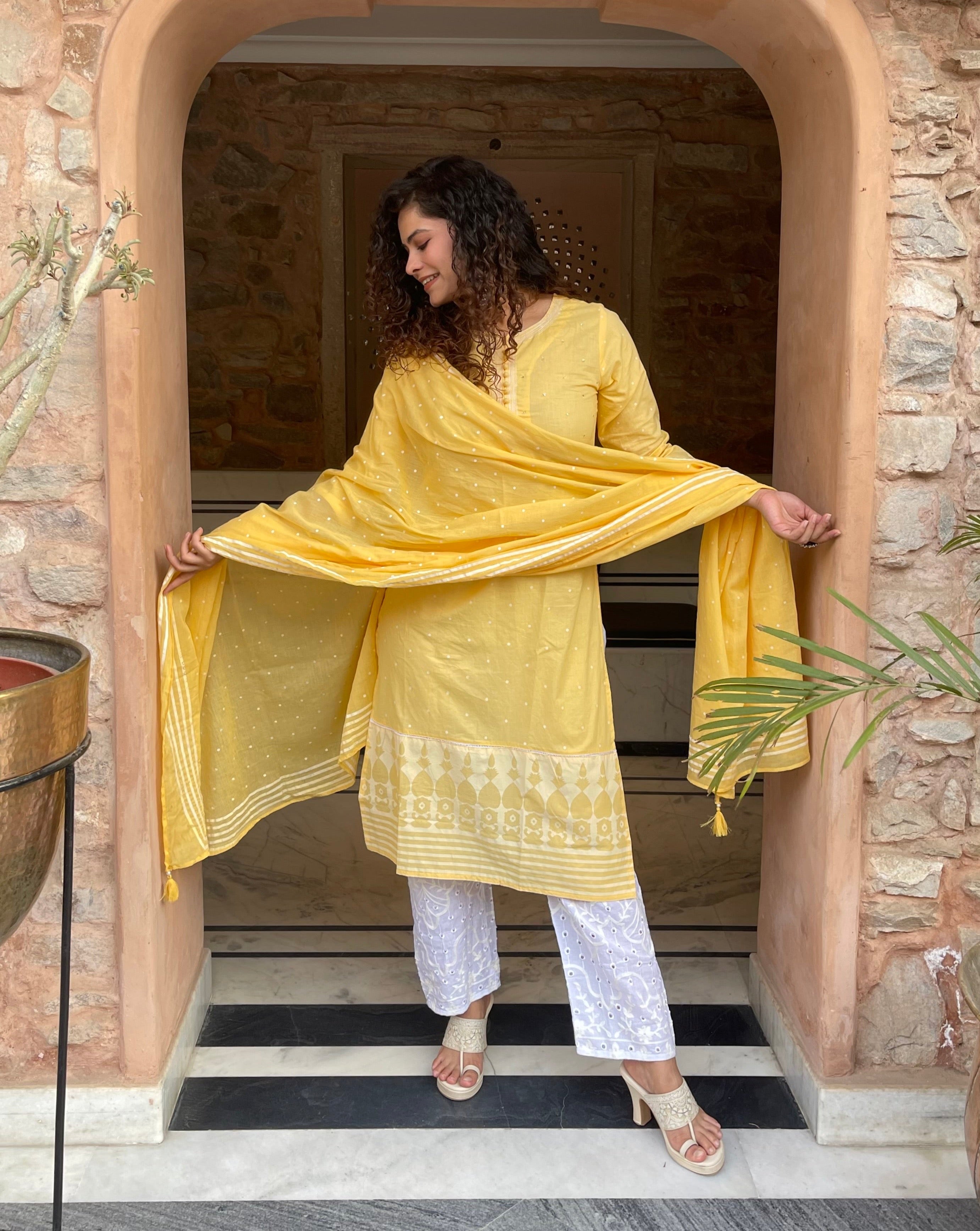 Yellow Embroidered  Dupatta Suit Set