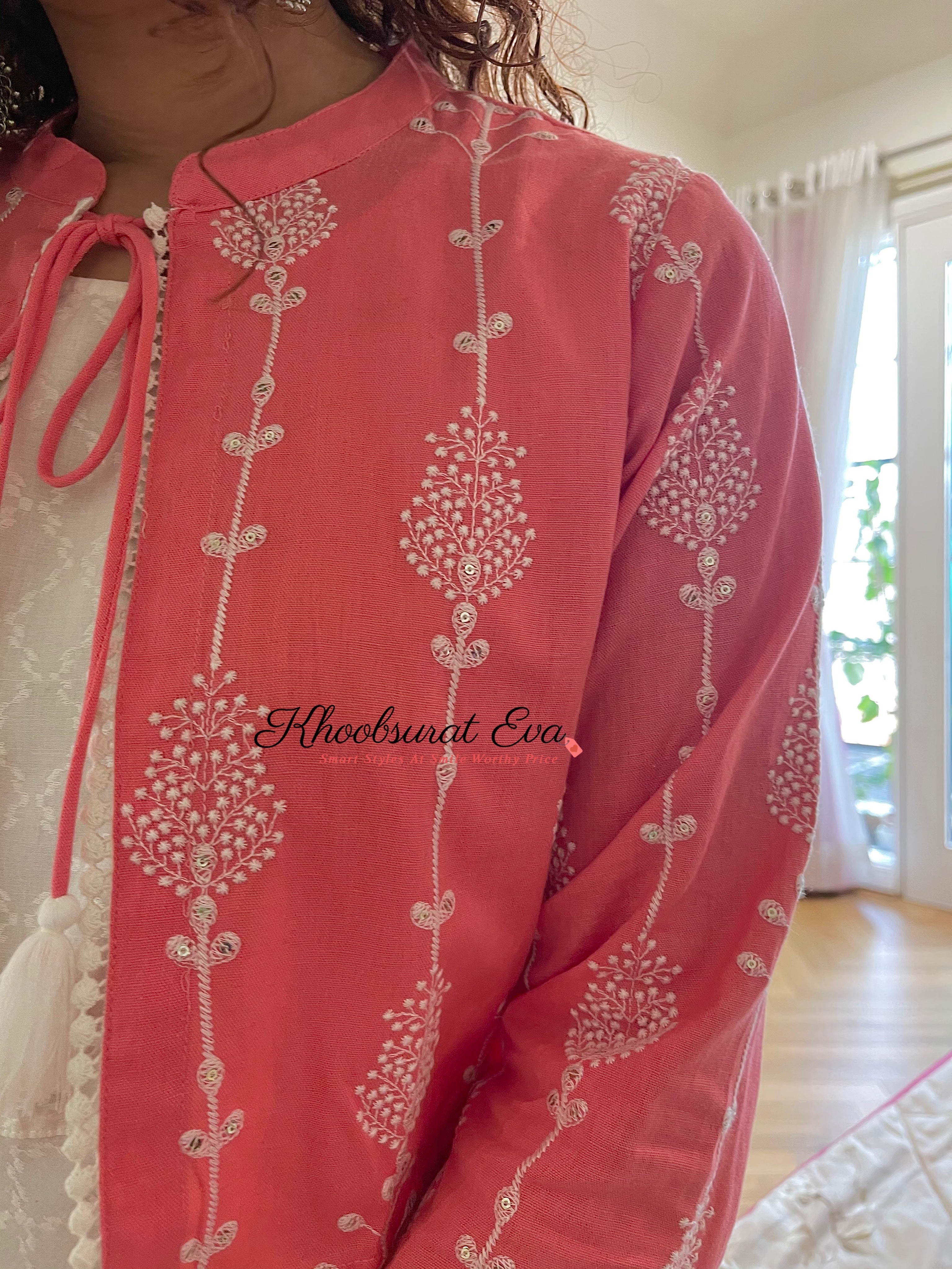 Pink And White Embroidered Jacket And Maxi Dress (Set Of 2)