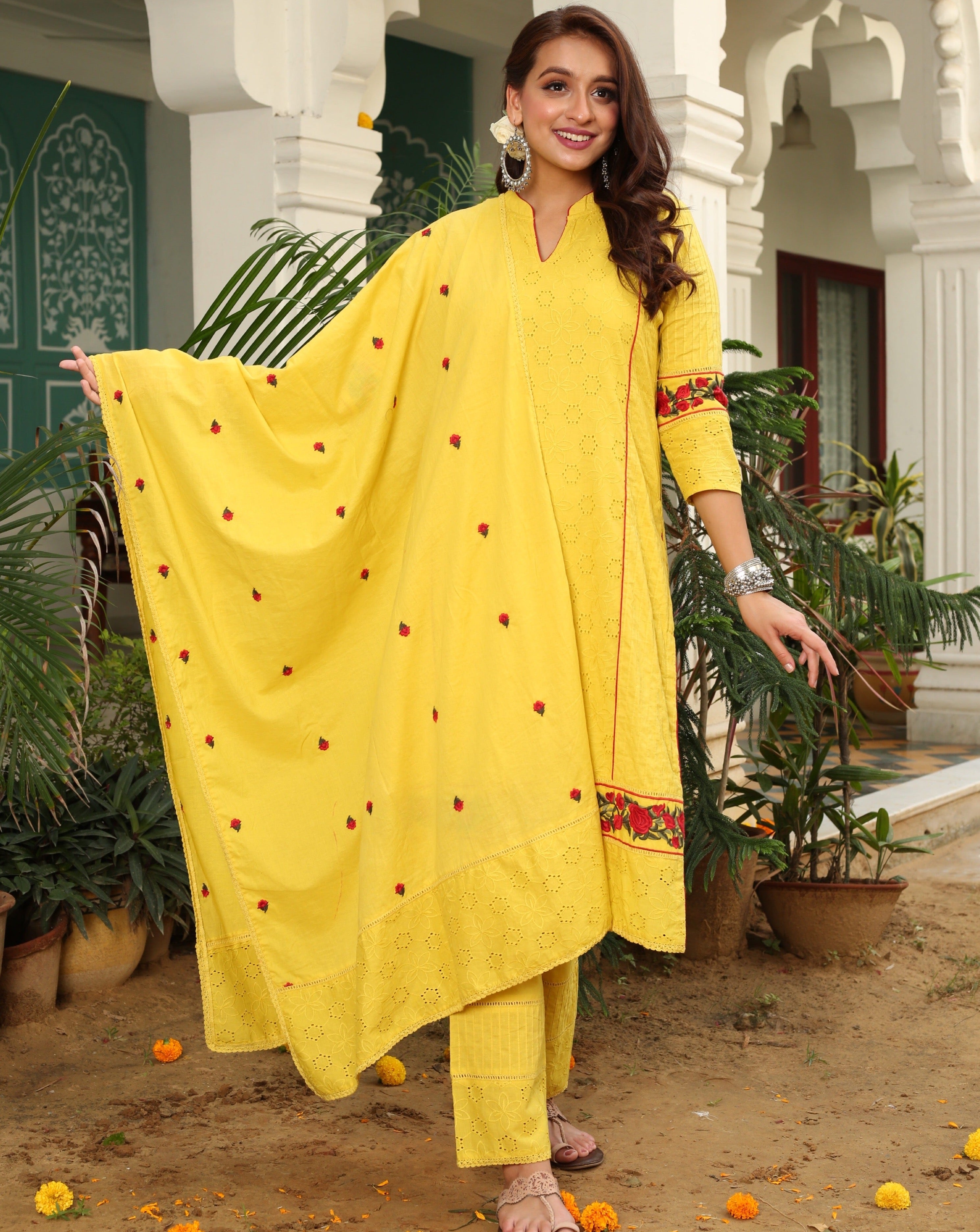 latest Yellow embroidered Dupatta Suit Set 