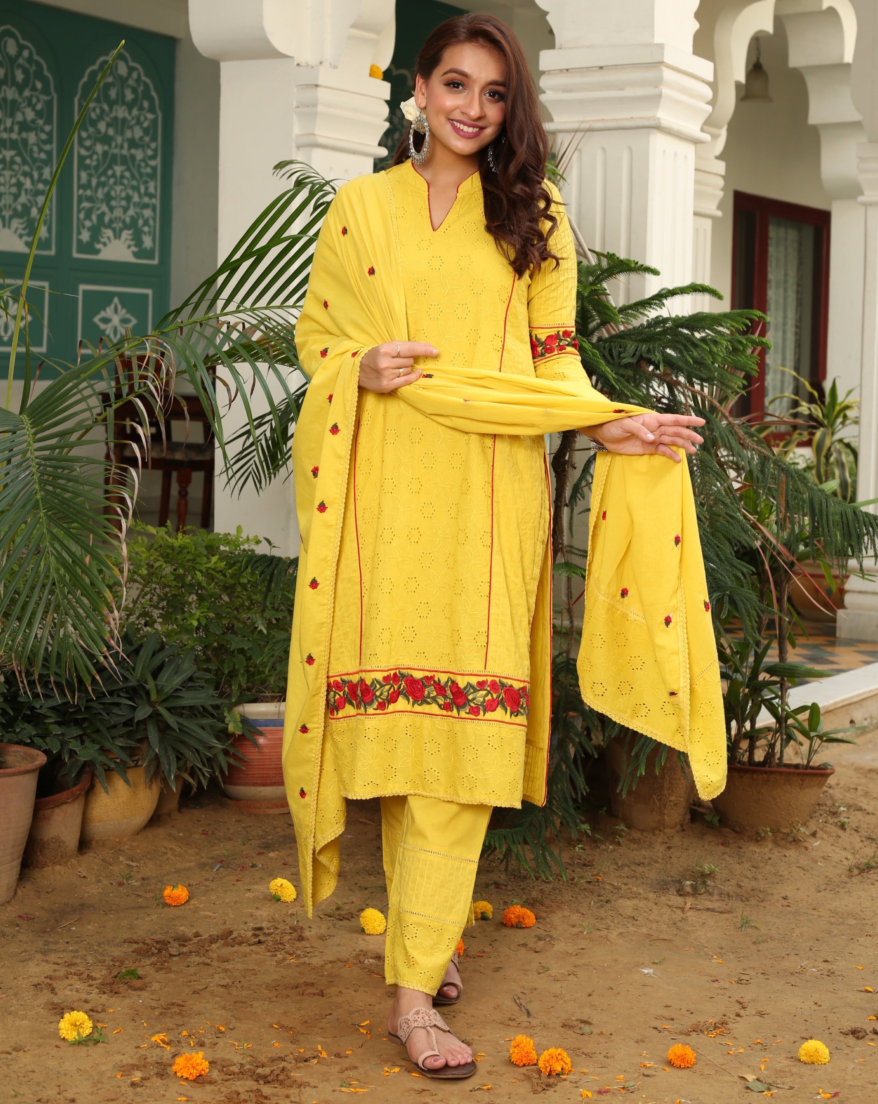 latest Yellow embroidered Dupatta Suit Set 