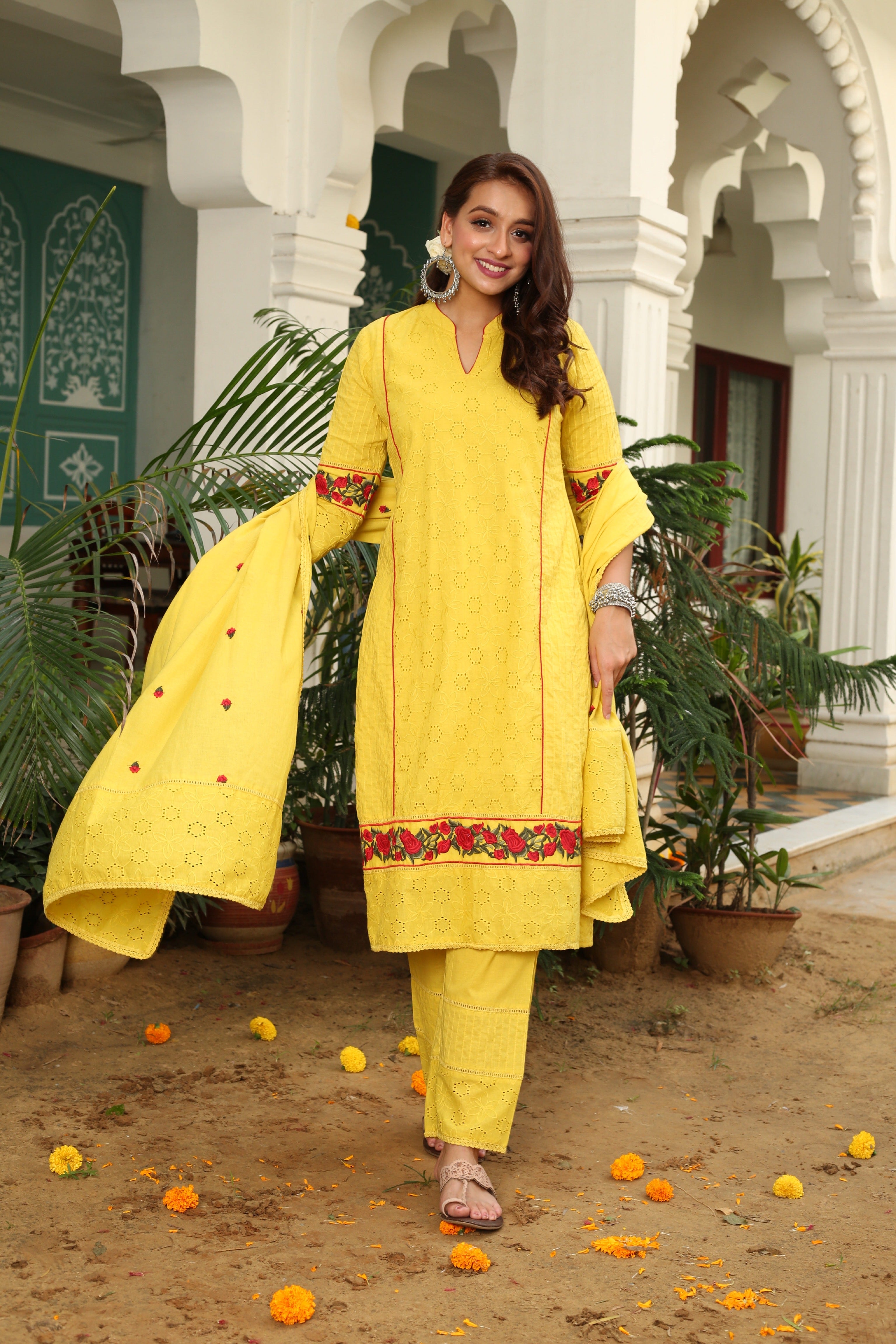 latest Yellow embroidered Dupatta Suit Set 