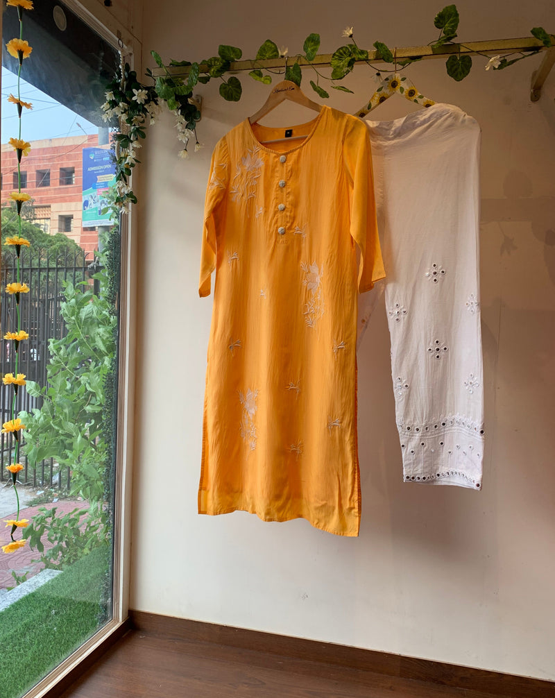 Orange Silk Embroidered Kurta Set
