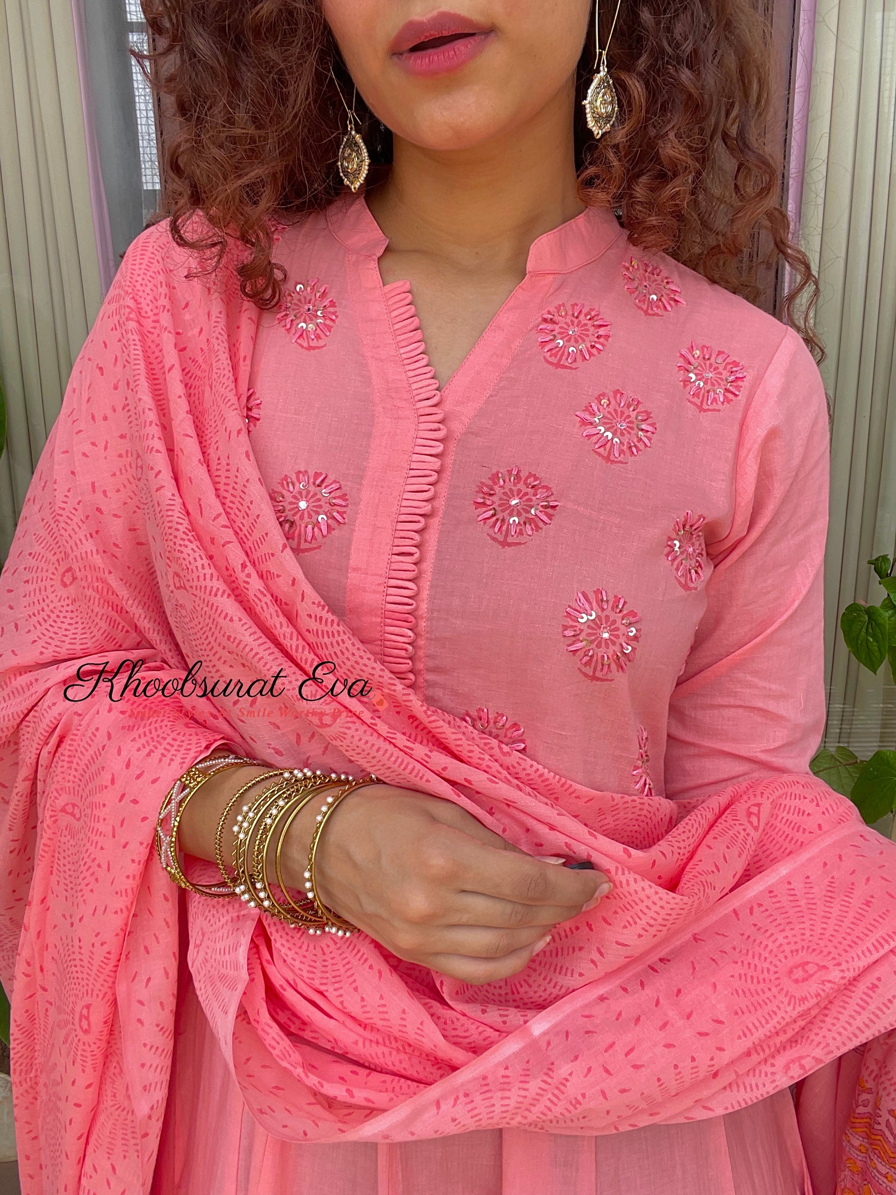 Pink Block Print Maxi With Dupatta set