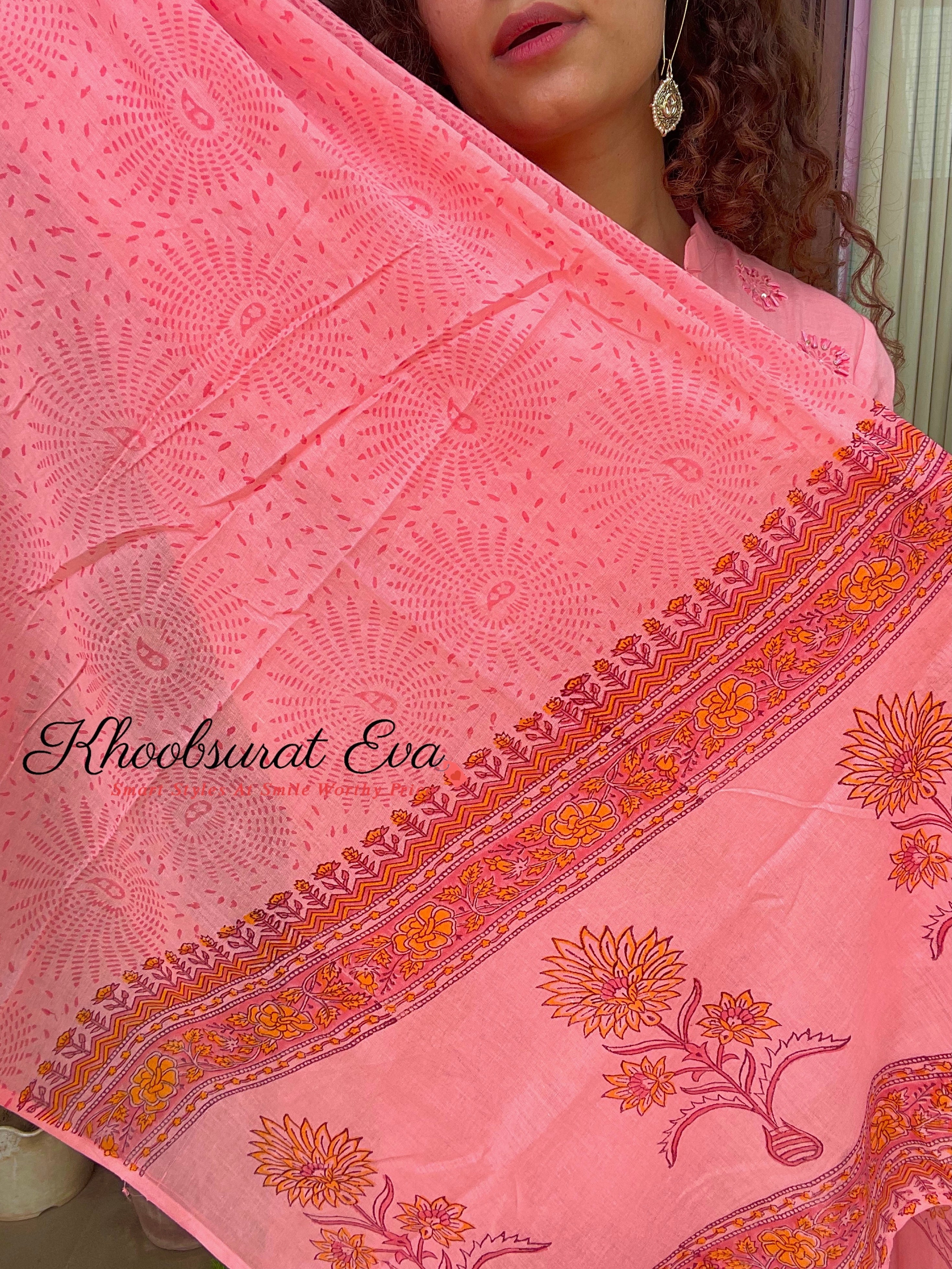 Pink Block Print Maxi With Dupatta set