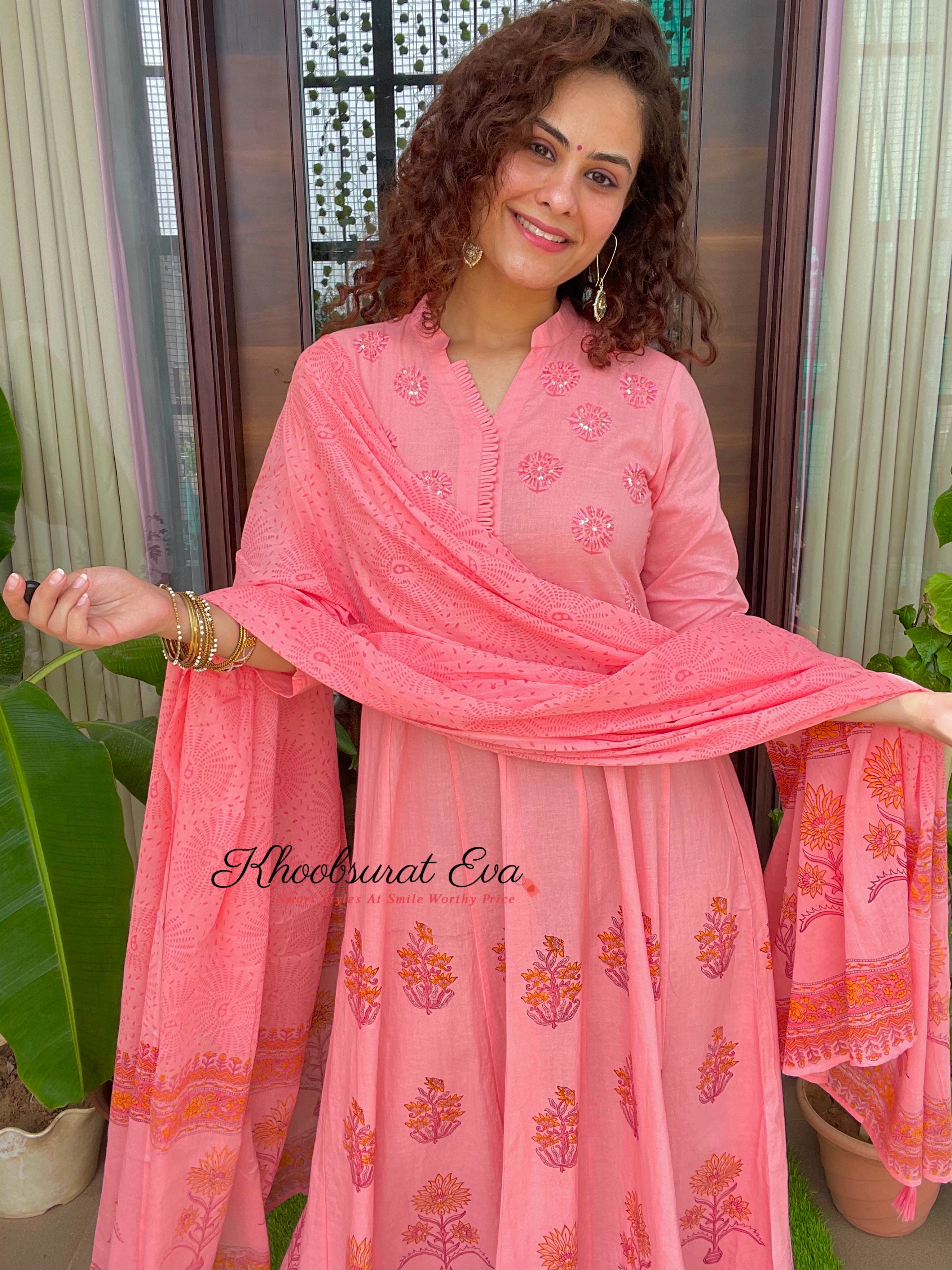 Pink Block Print Maxi With Dupatta set