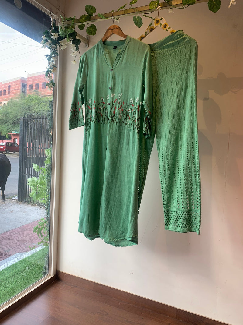 Green Embroidered Kurta With Chikankari Trousers