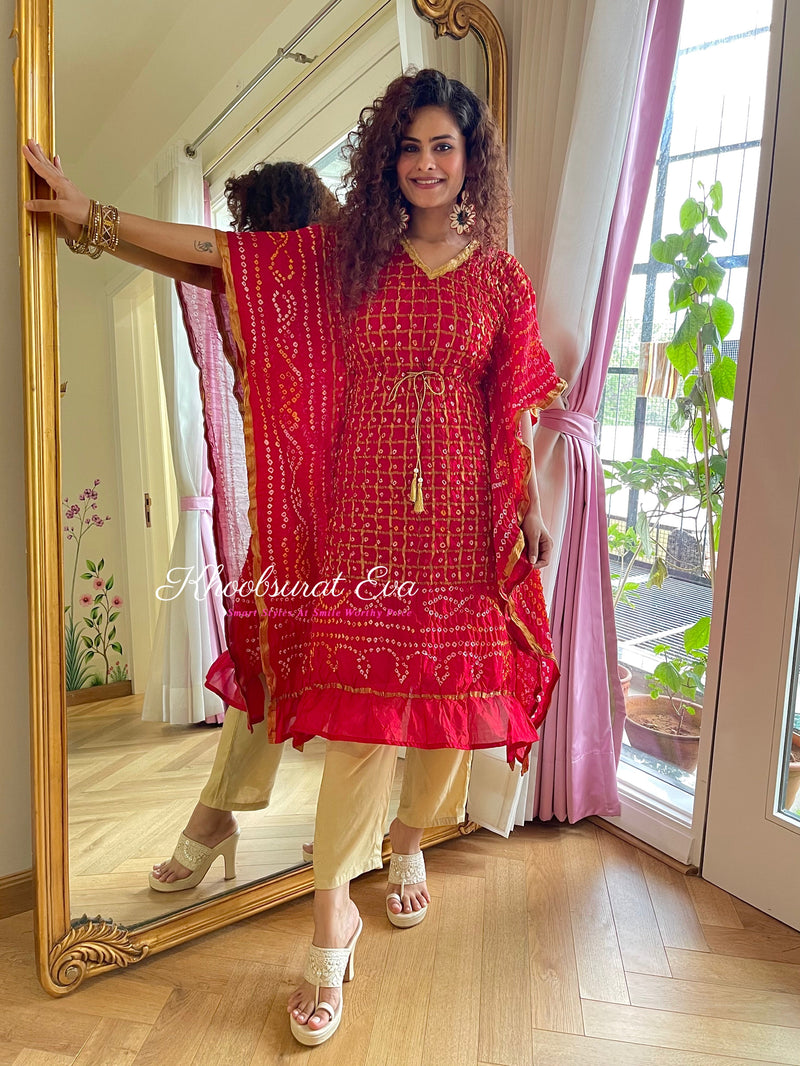  Red Bandhani Kaftan Set 