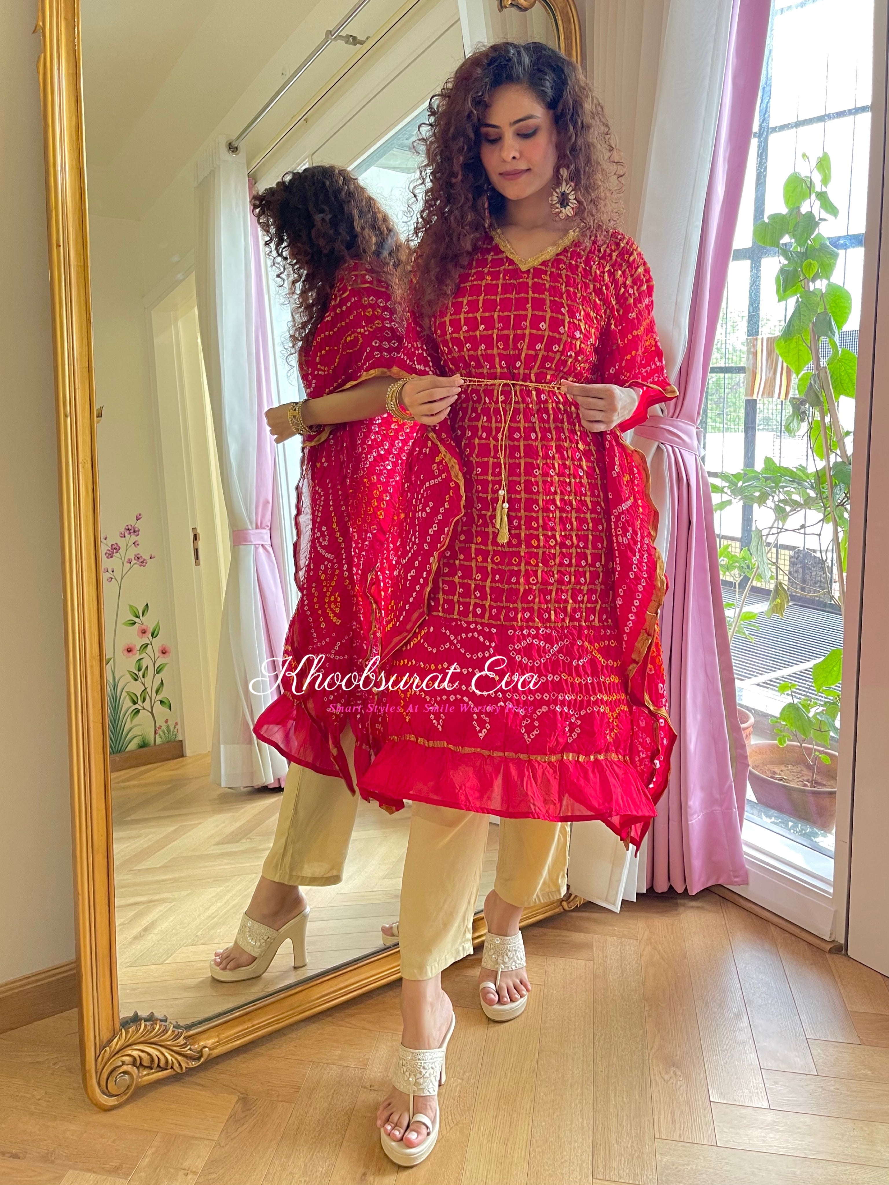  Red Bandhani Kaftan Set 