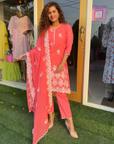 Pink and White Embroidered Cotton Kurta Suit Set 