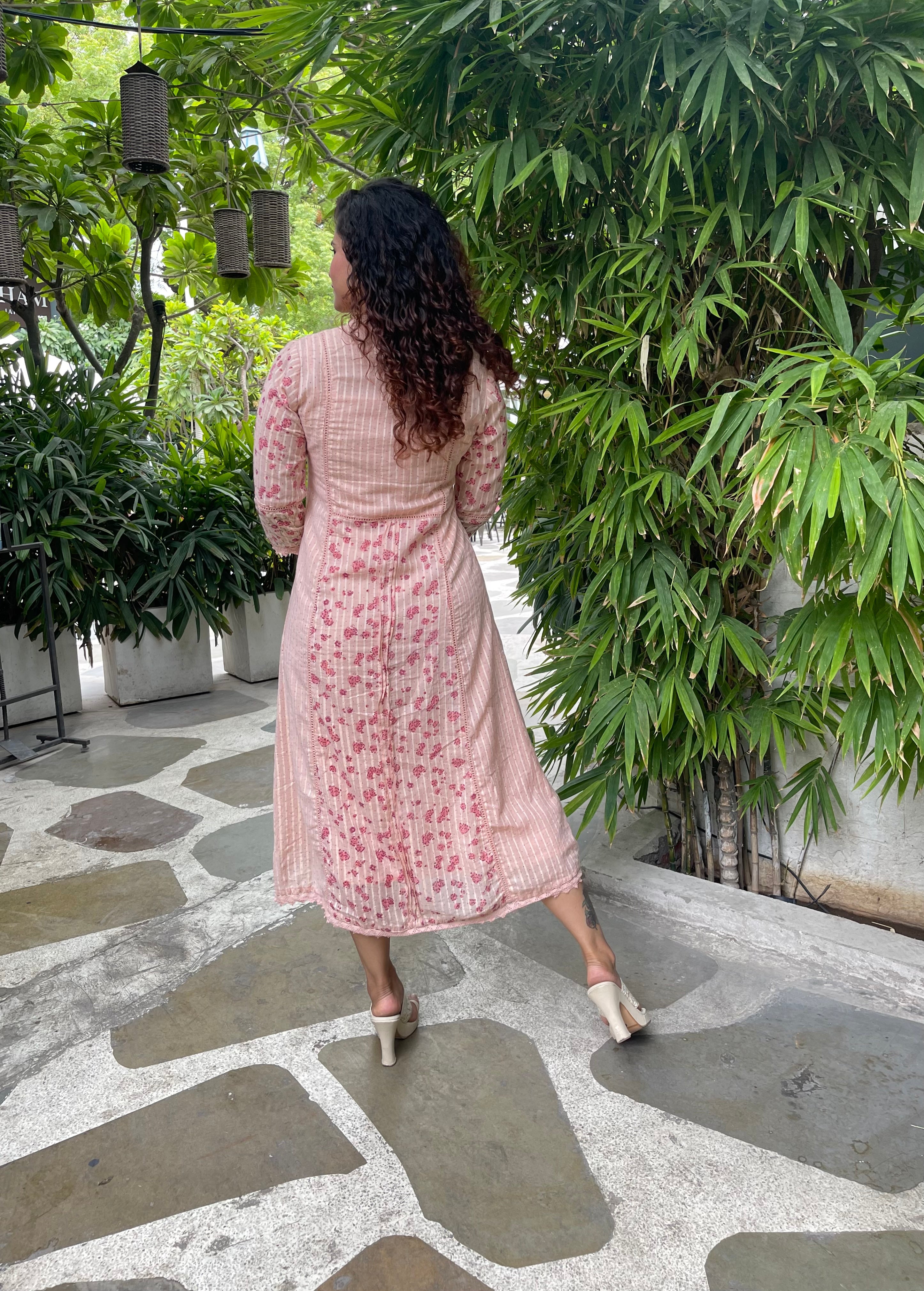 Pink Cotton Block Print Maxi Dress