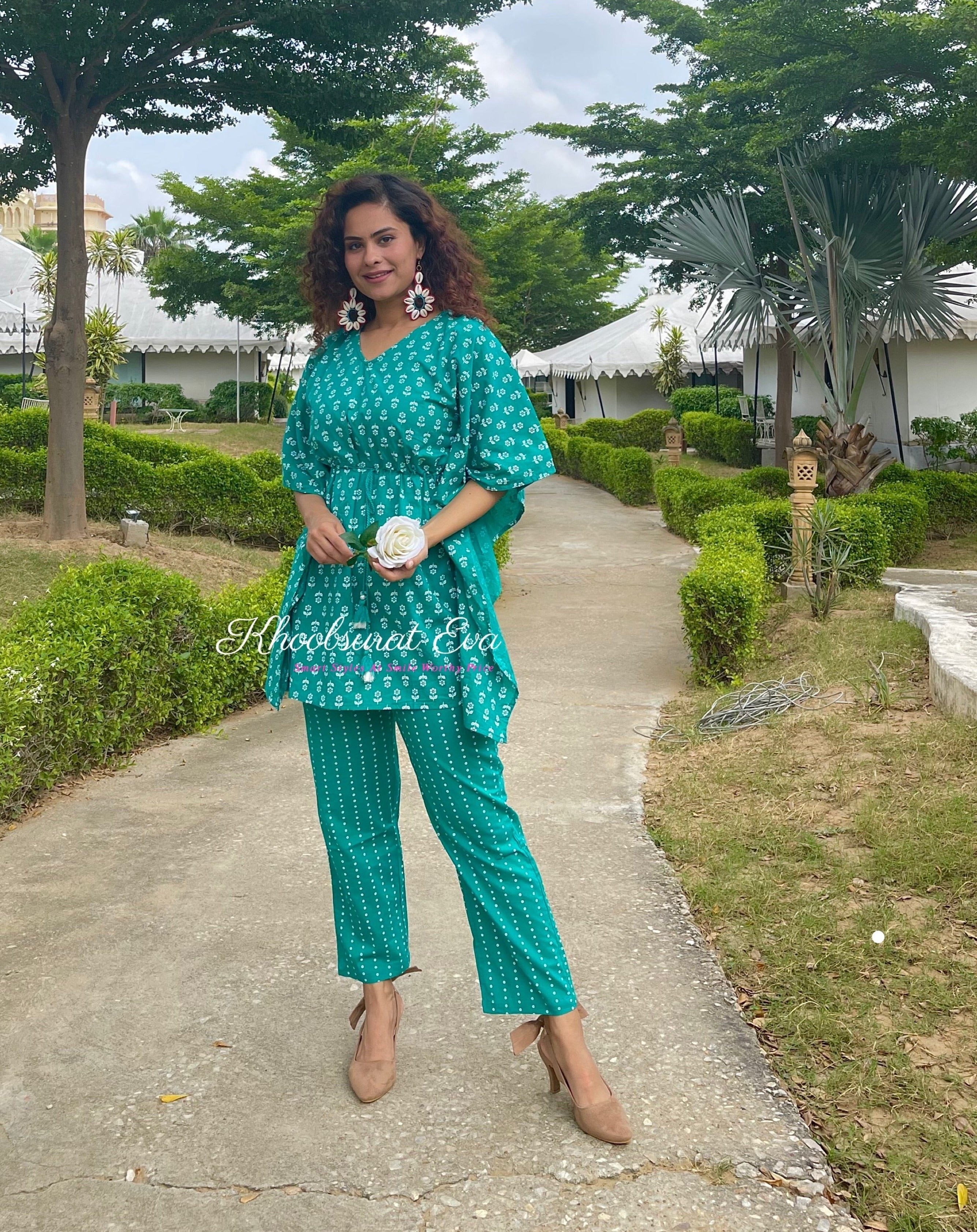 Green Printed Cotton Kaftan Co-ord Set 