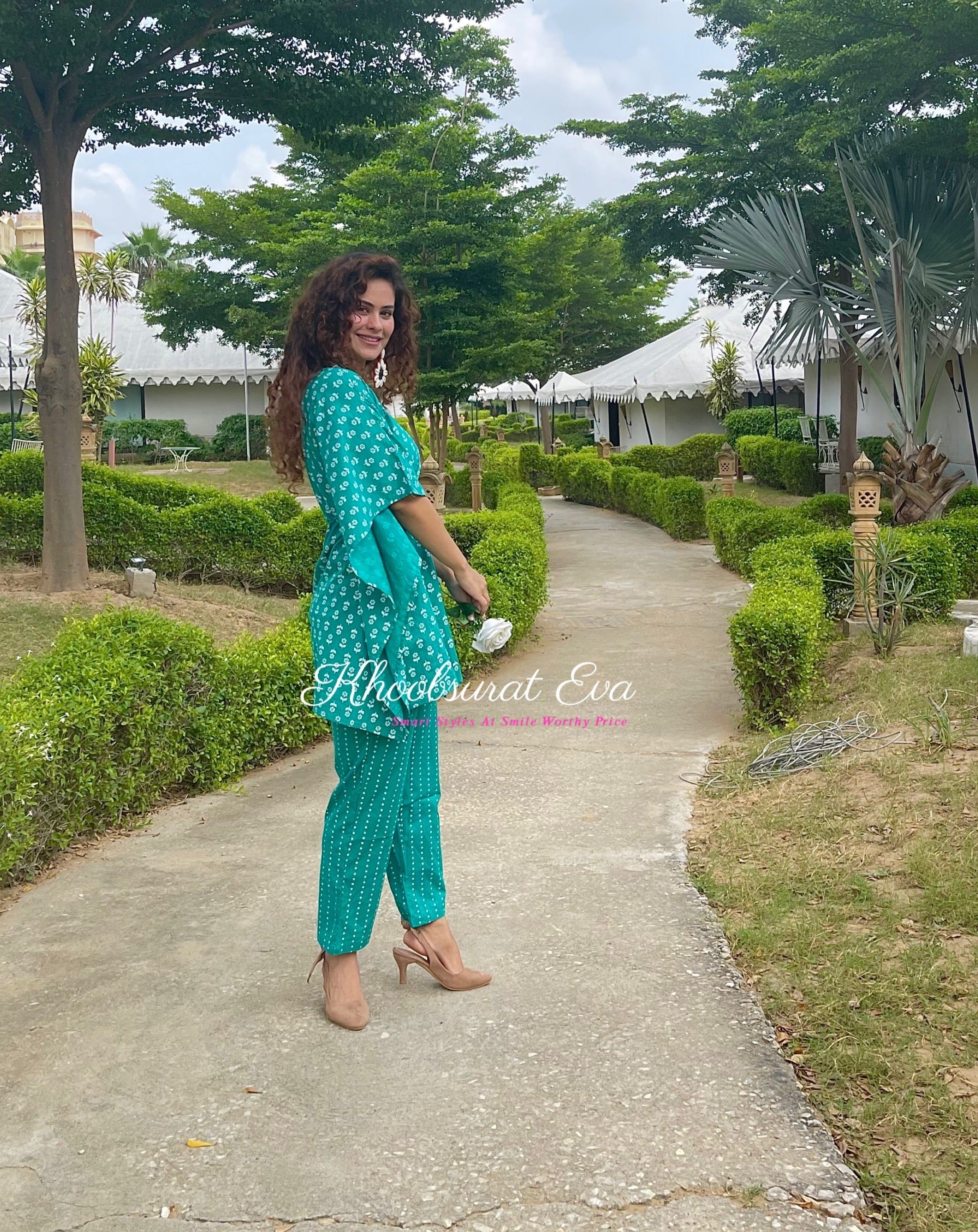 Green Printed Cotton Kaftan Co-ord Set 