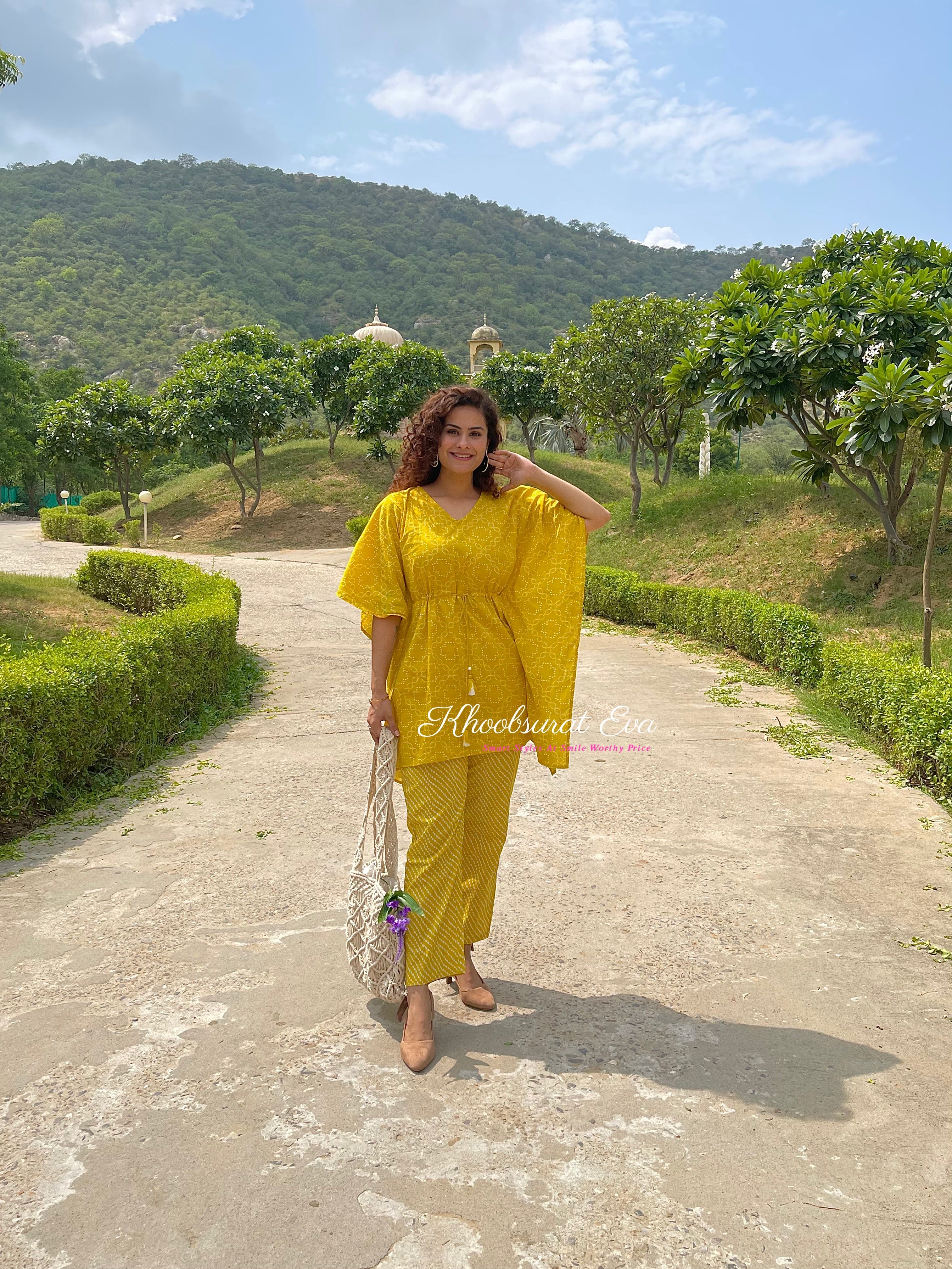 Yellow Printed  Cotton Kaftan Co-ord Set