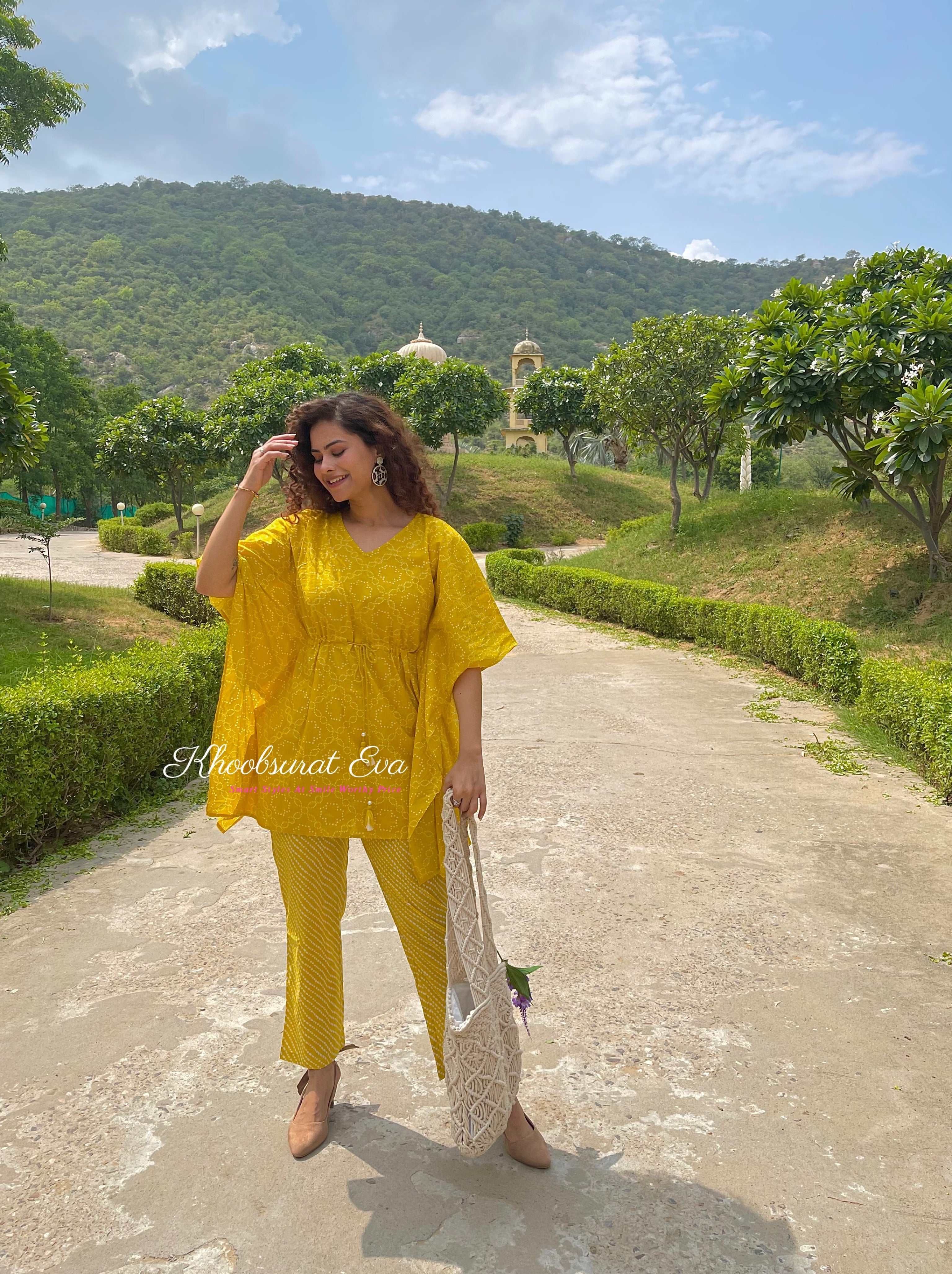 Yellow Printed  Cotton Kaftan Co-ord Set