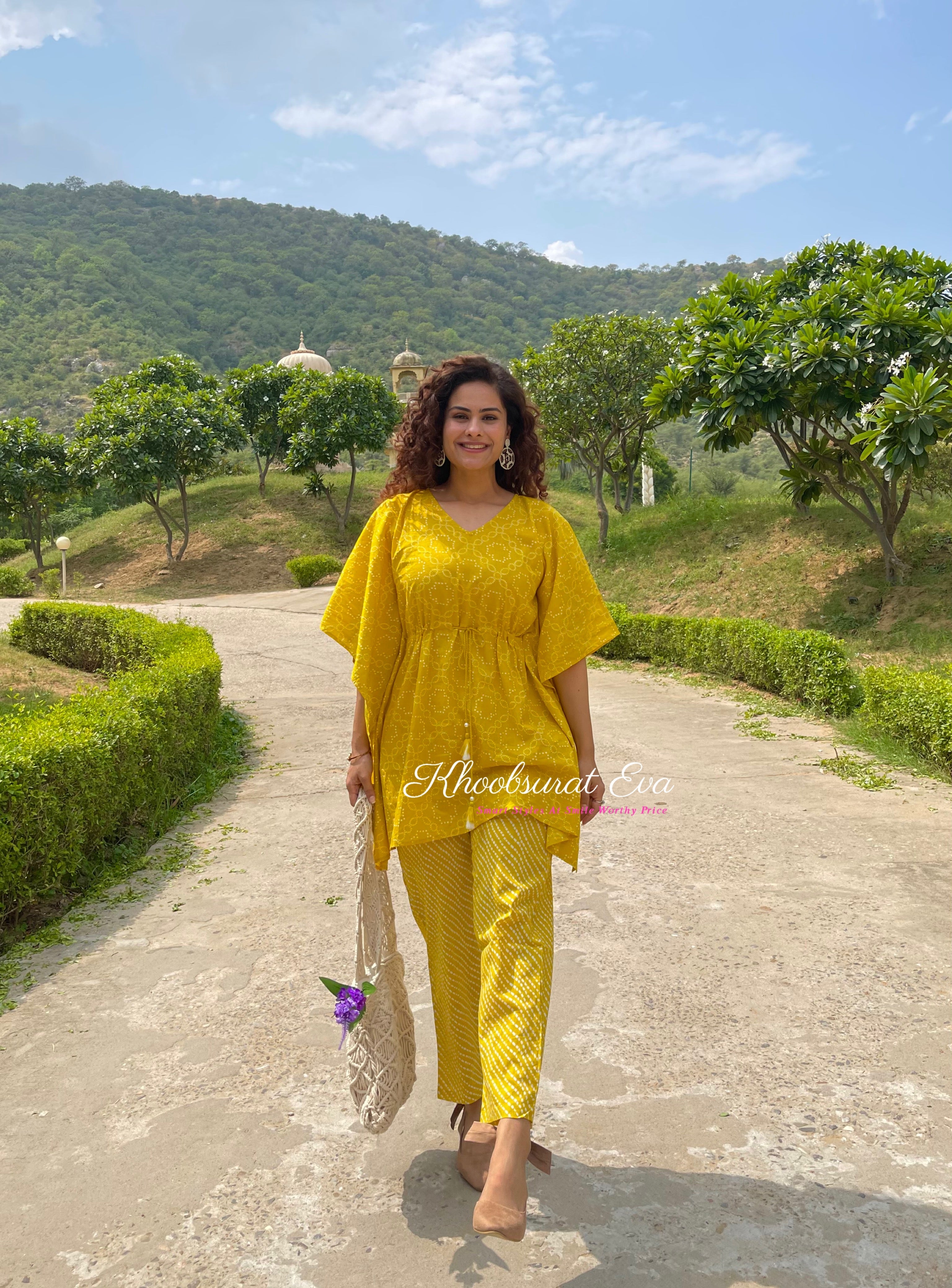 Yellow Printed  Cotton Kaftan Co-ord Set