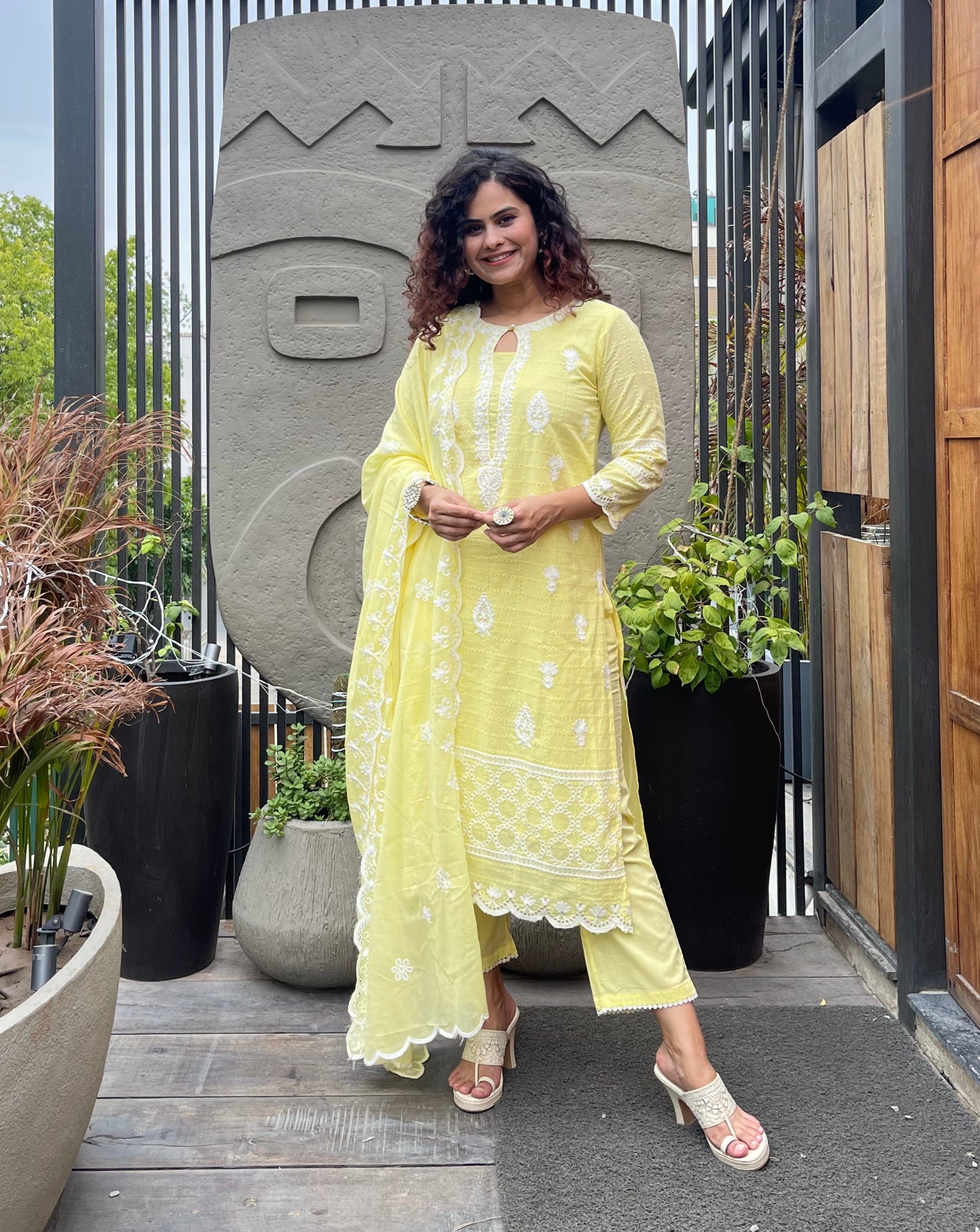 Yellow Embroidered Schiffli Suit for women