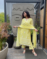 Yellow Embroidered Schiffli Suit for women