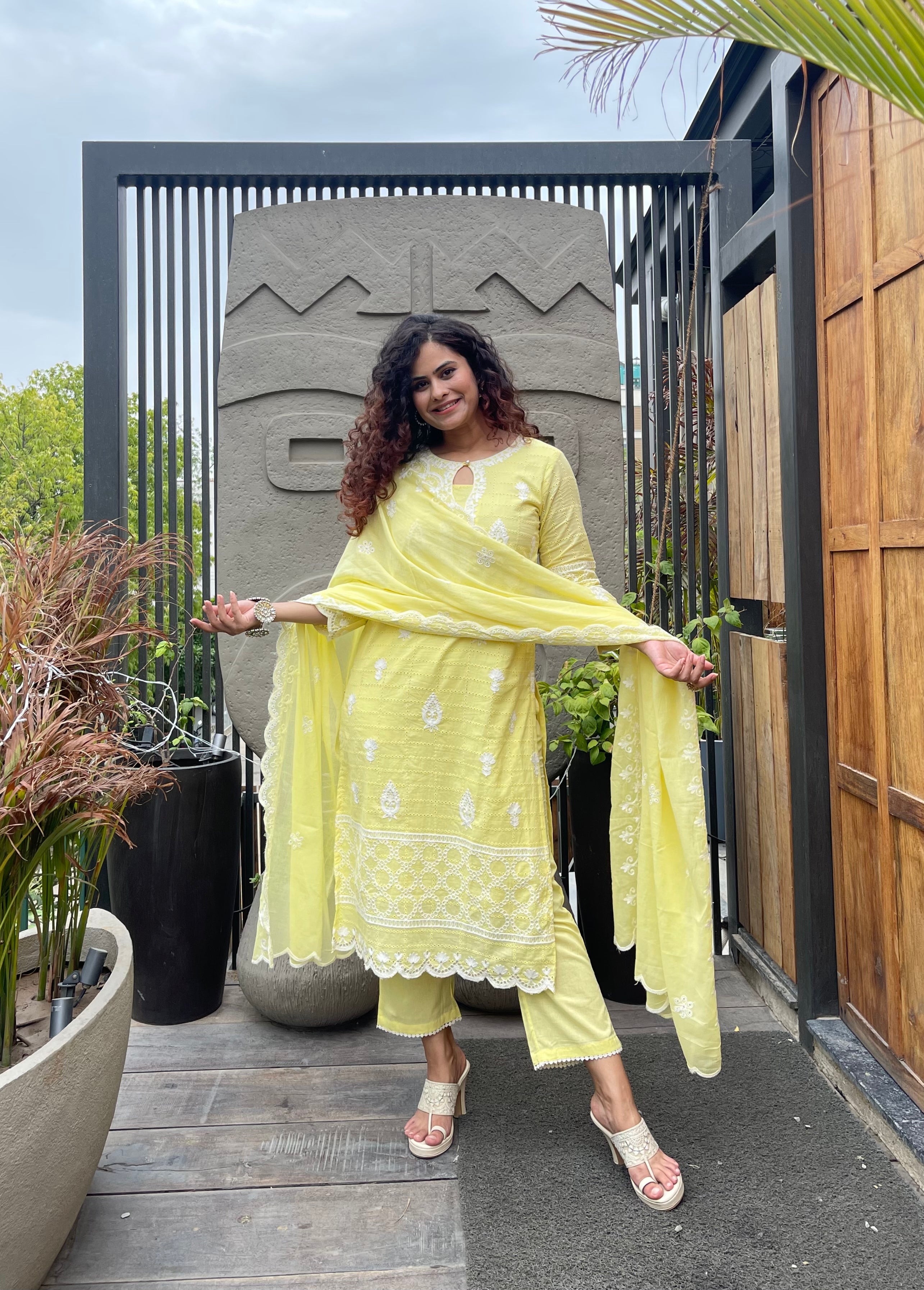 Yellow Embroidered Schiffli Suit for women