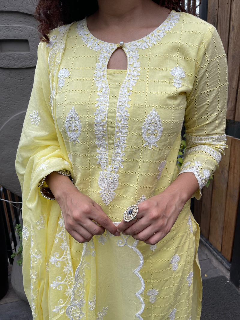 Yellow Embroidered Schiffli Suit for women