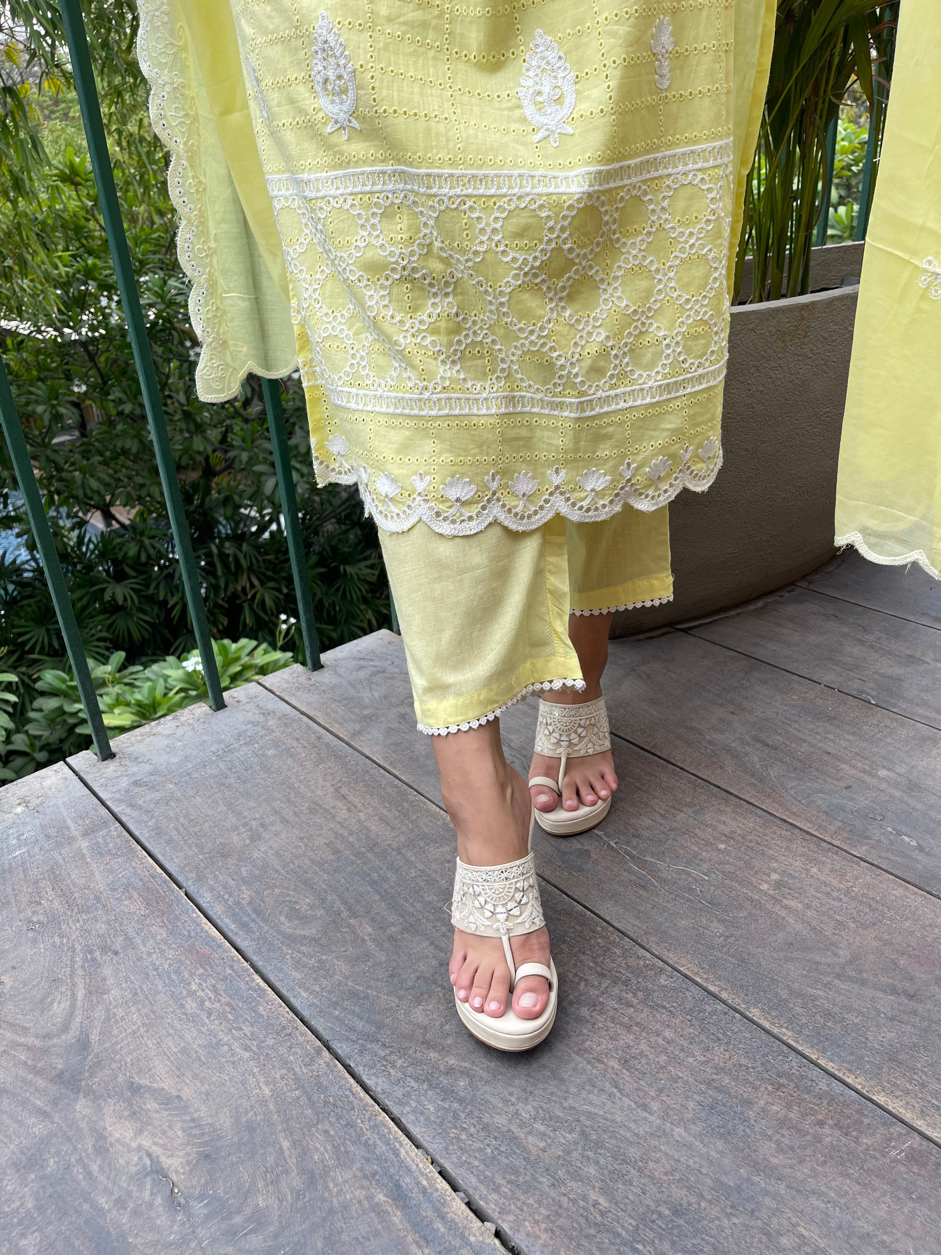 Yellow Embroidered Schiffli Suit for women