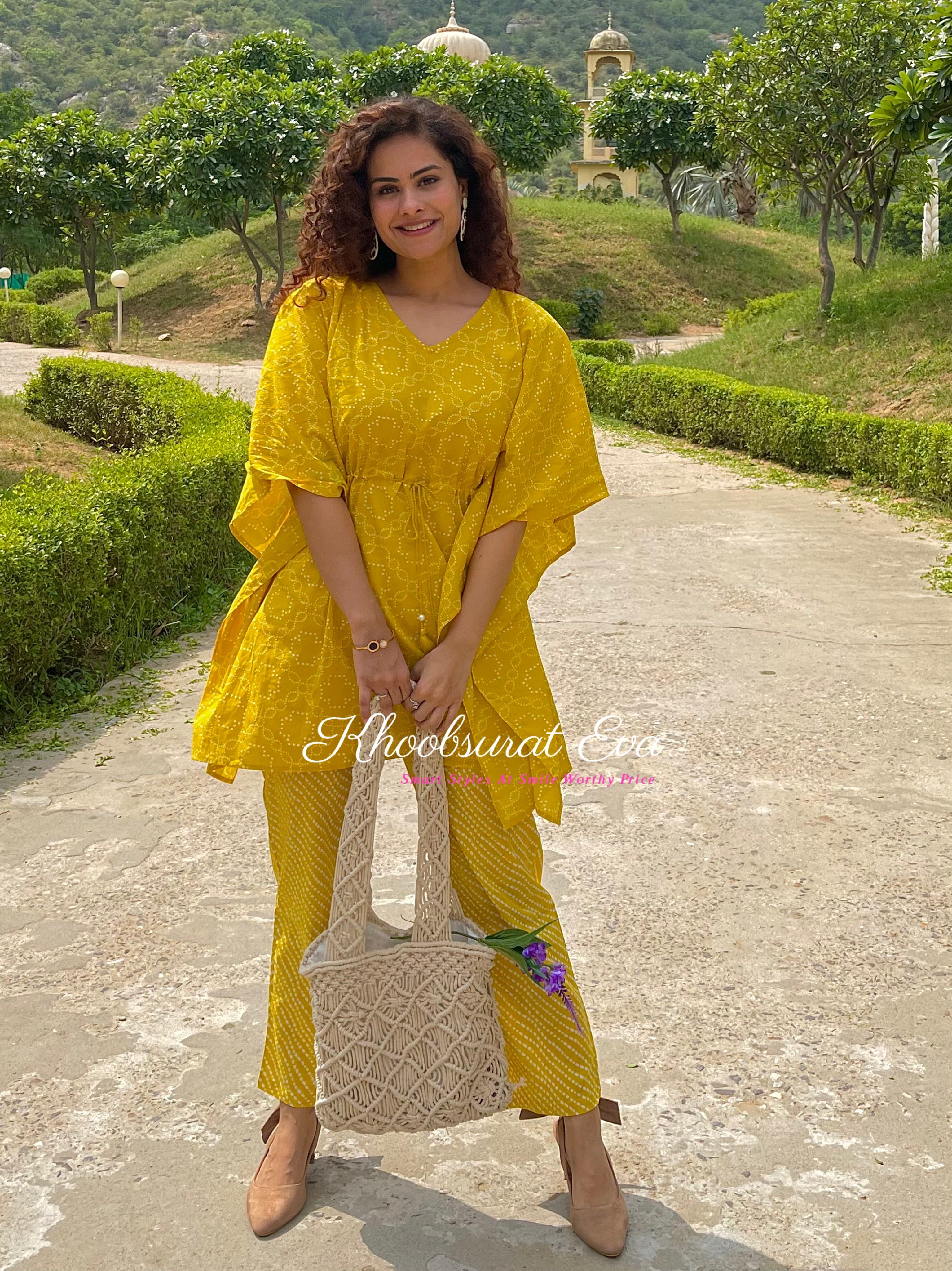 Yellow Printed  Cotton Kaftan Co-ord Set