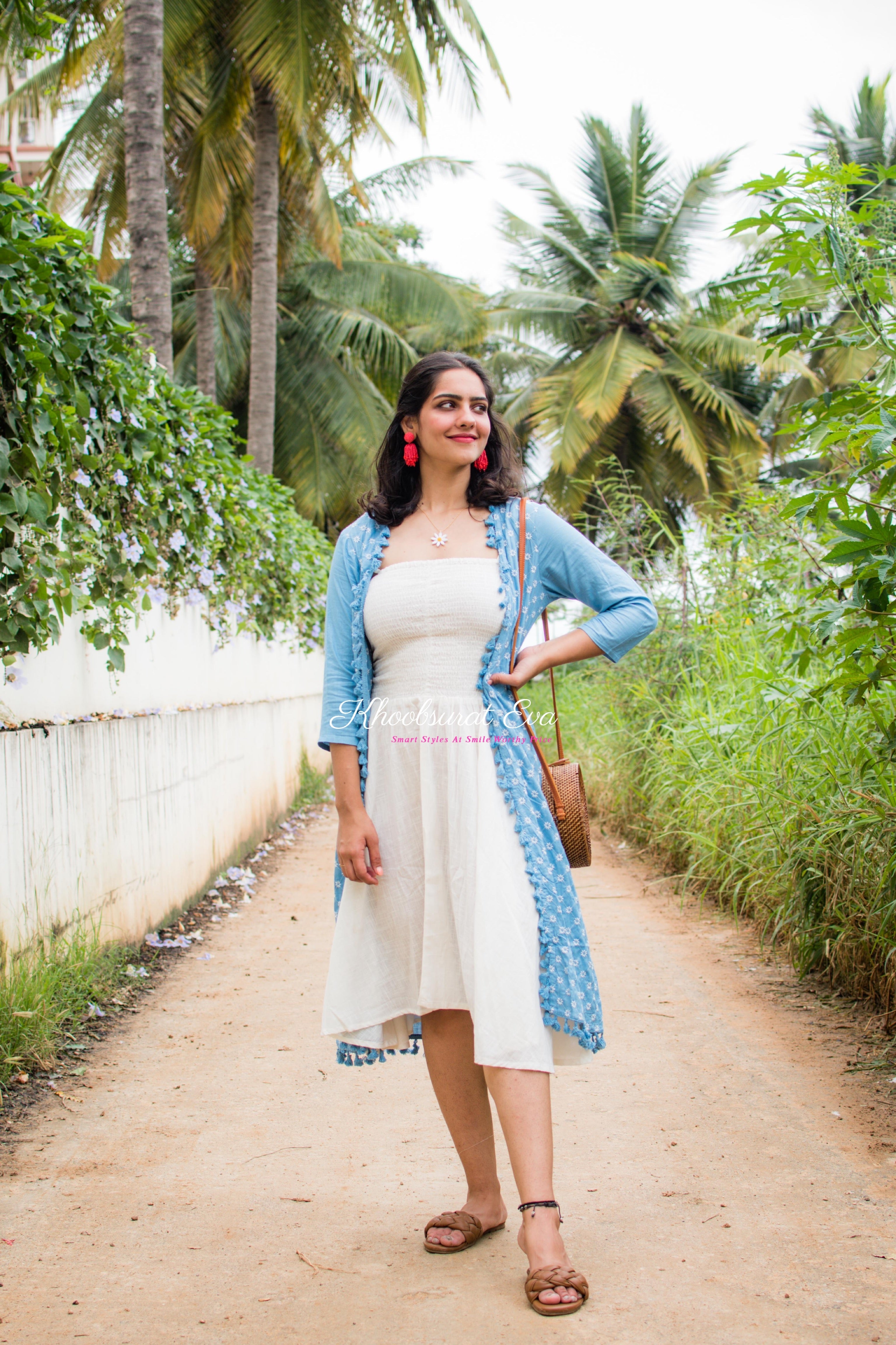 Blue White Embroidered Jacket Maxi Dress