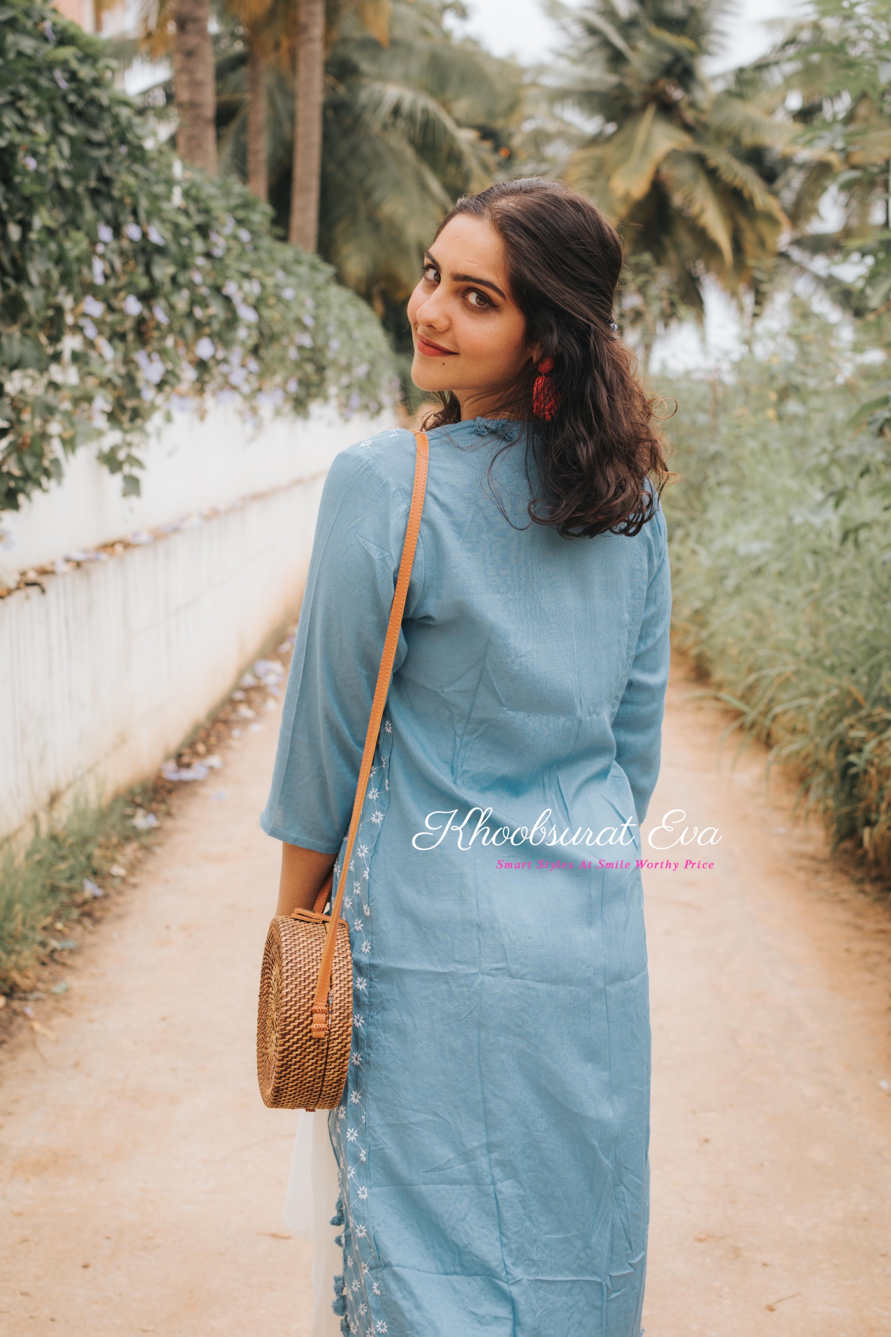 Blue White Embroidered Jacket Maxi Dress