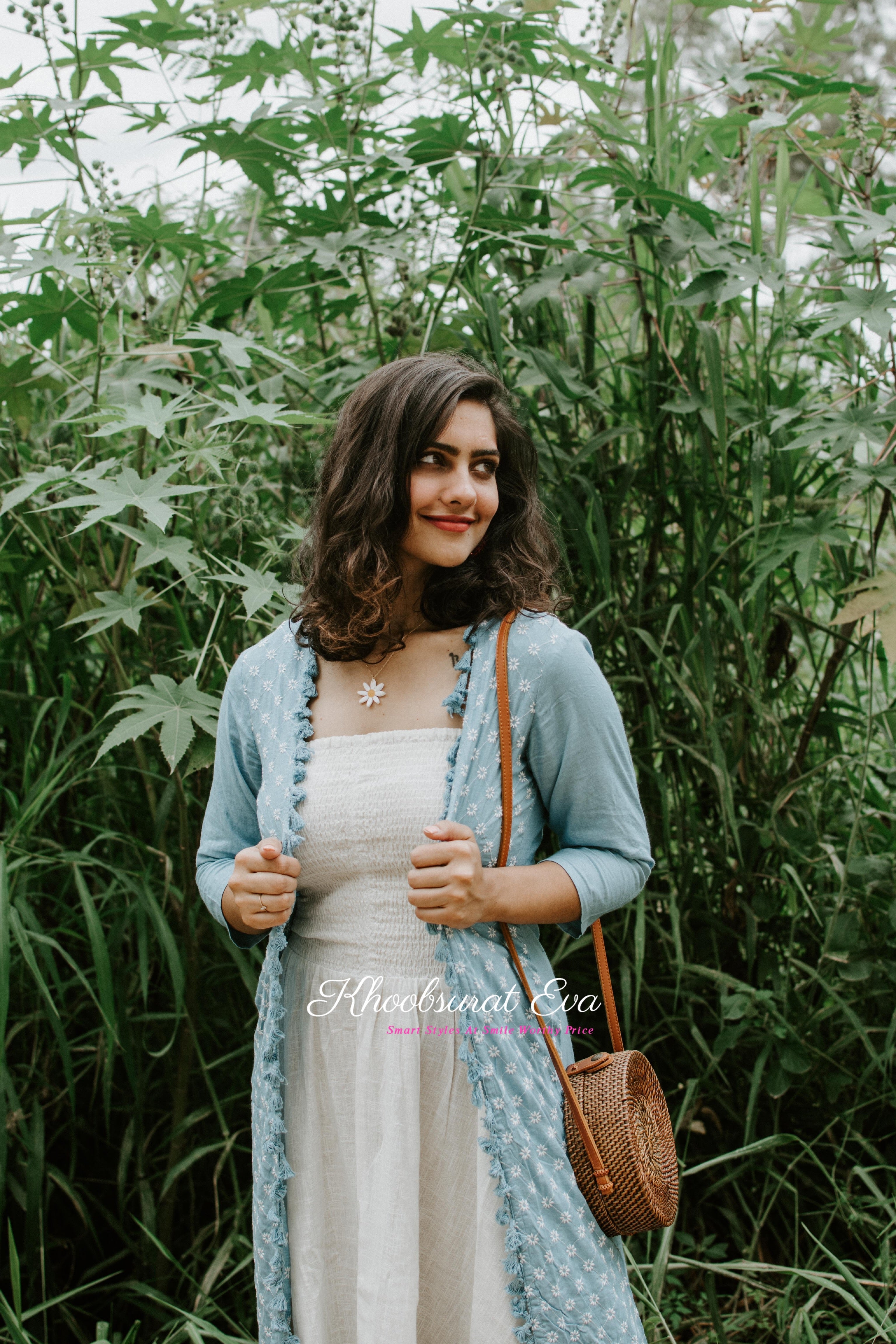 Blue White Embroidered Jacket Maxi Dress