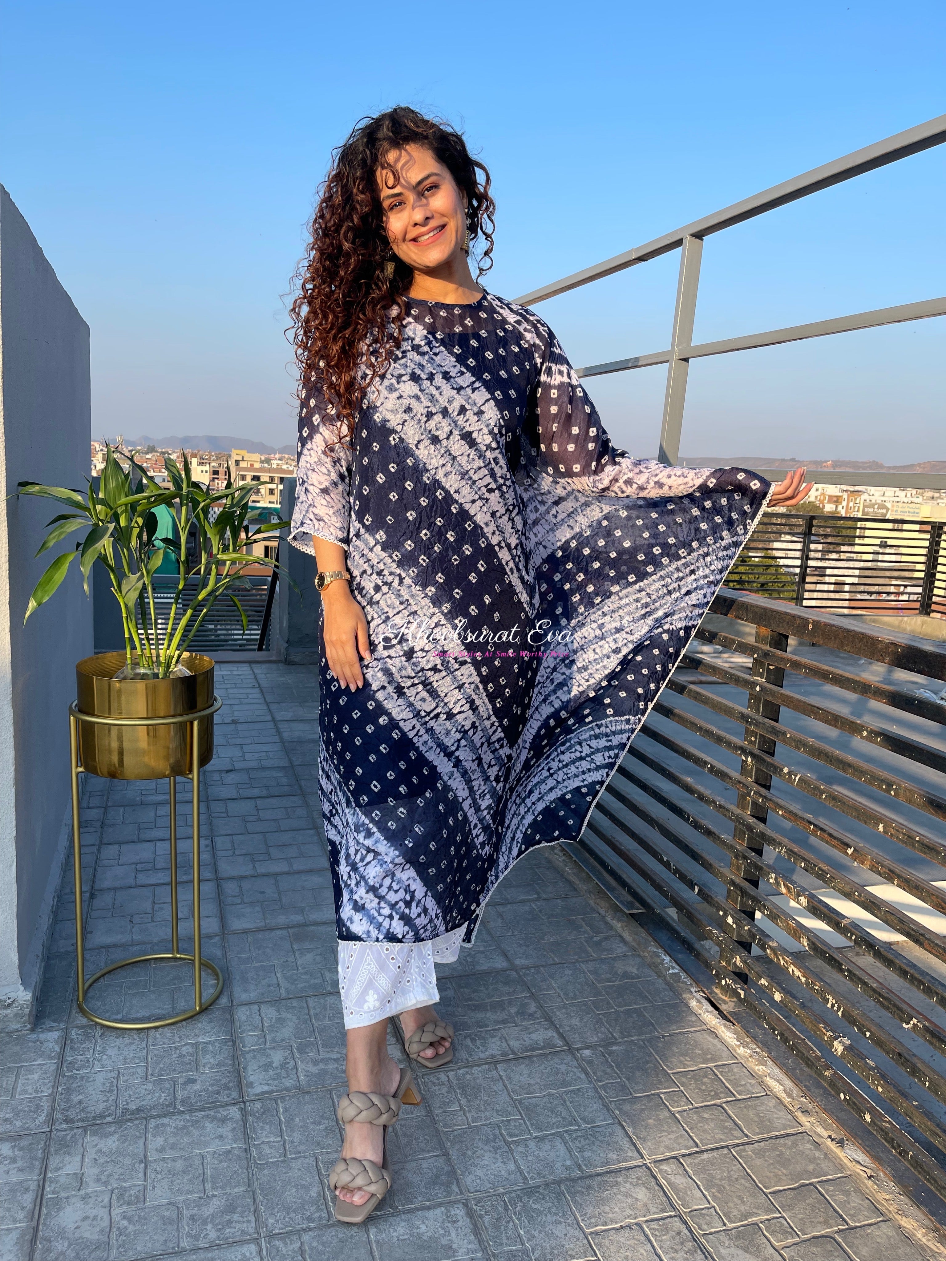 Blue Bandhani Festive Kaftan Set