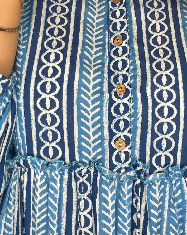 Blue stripe block print Cotton Maxi Dress