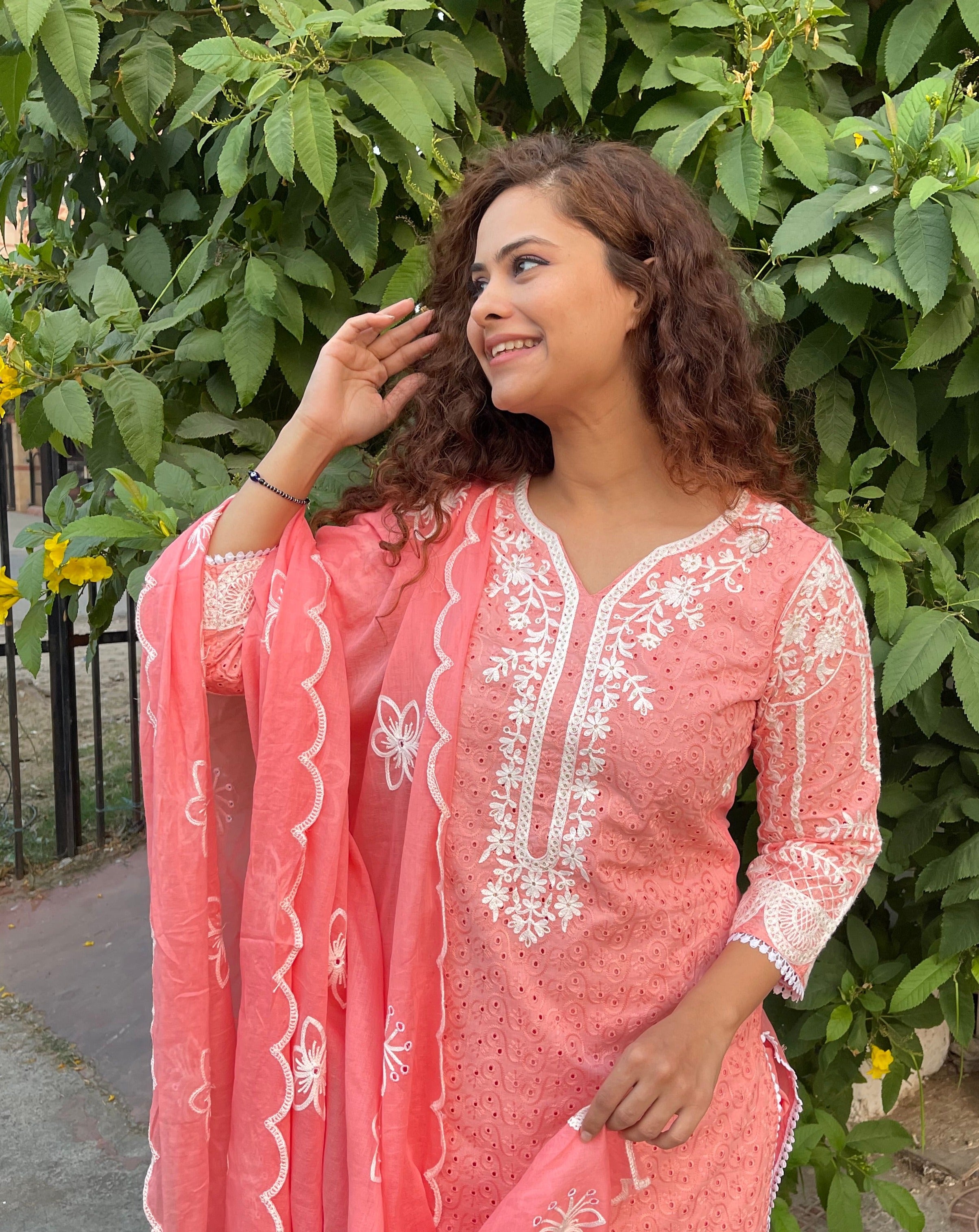 Peach Schiffli Dupatta Suit Set 