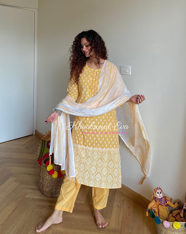 Yellow And White Cotton Kurta Suit Set